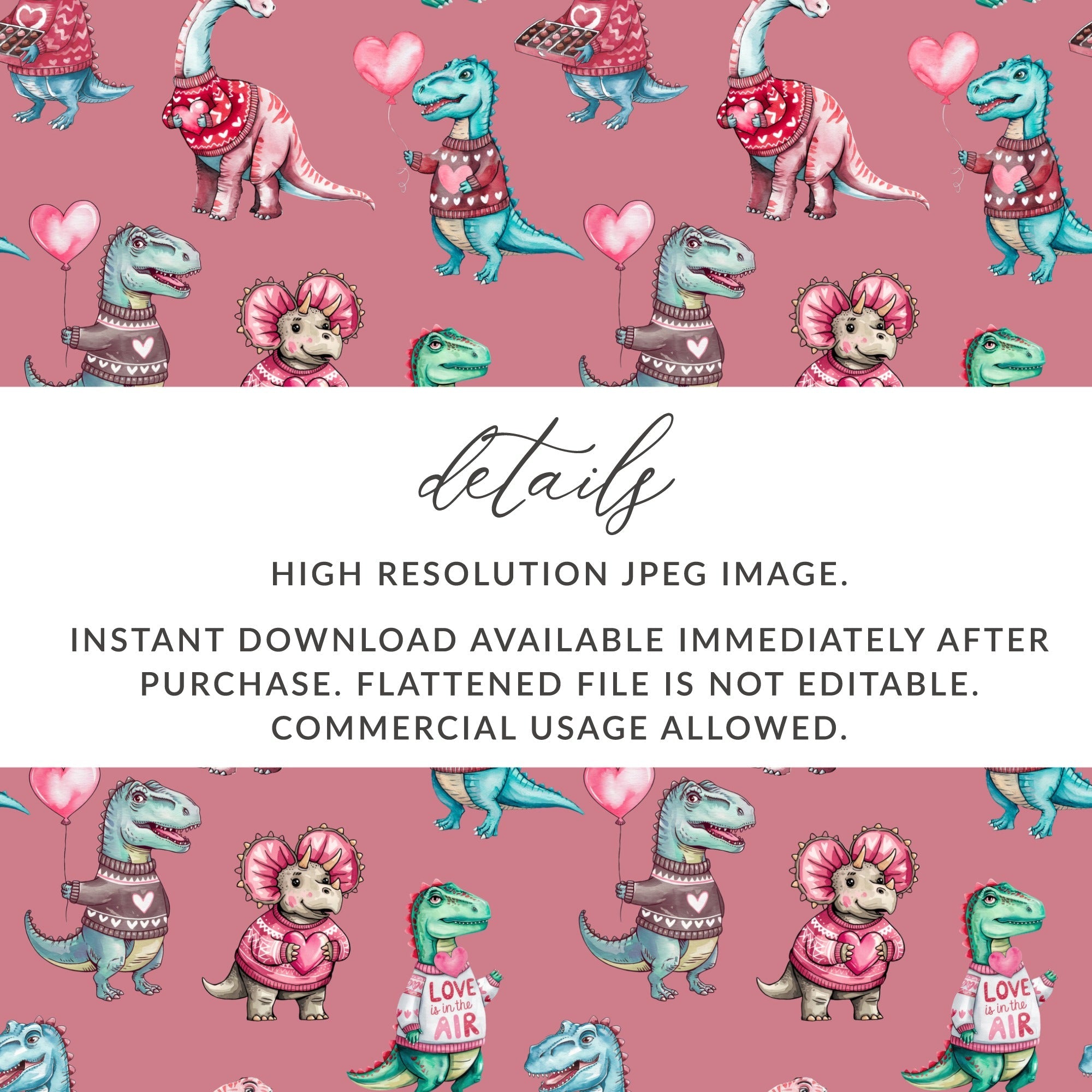Valentine Dinosaur Seamless Pattern, Cute Dino Digital Paper, Kids Fabric Design, Love Heart Patterns, Reptile Clipart, Digital Download - Moore and Mountain