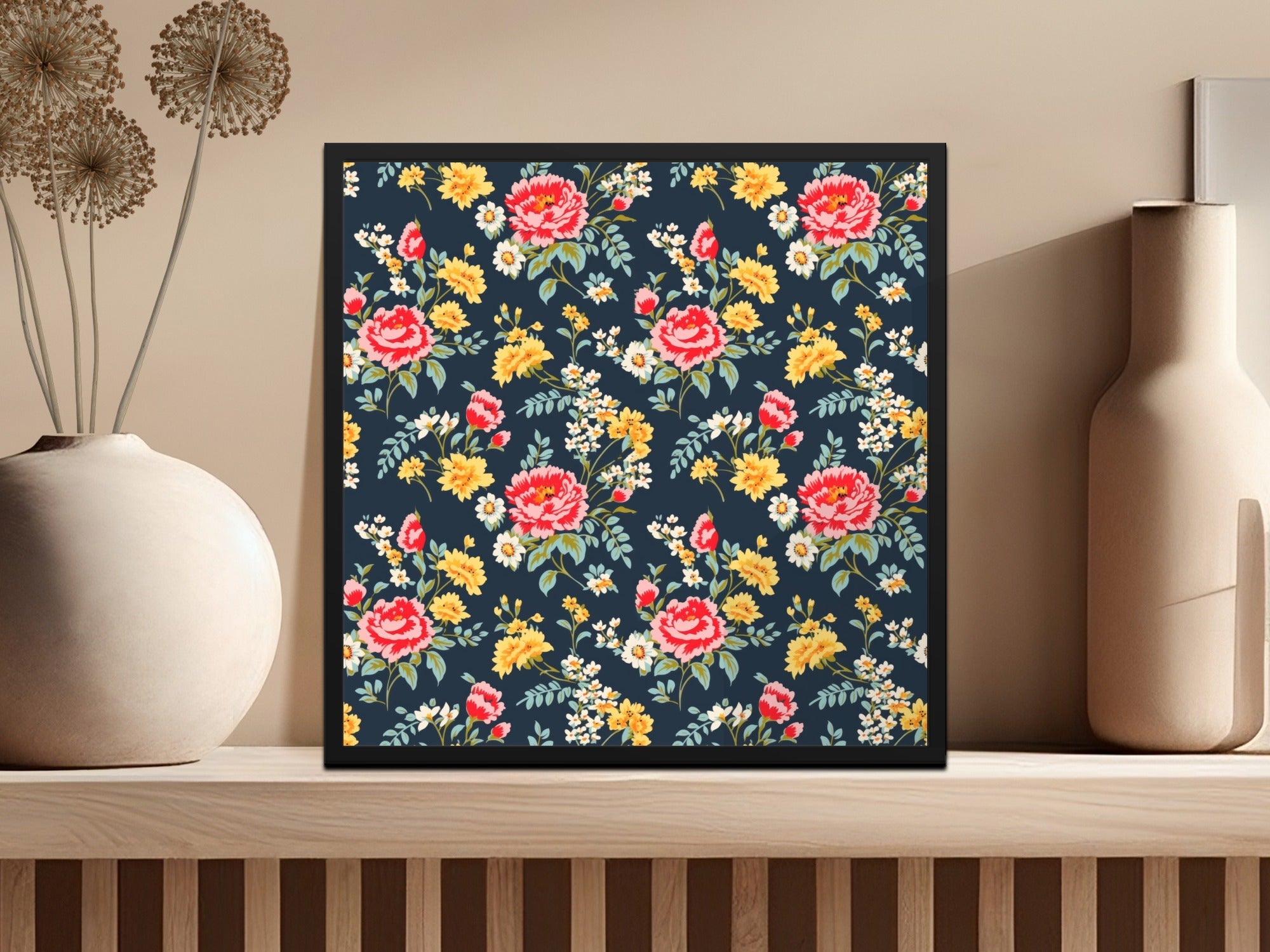 Vibrant Floral Pattern with Red and Yellow Blooms Digital - Moore and Mountain
