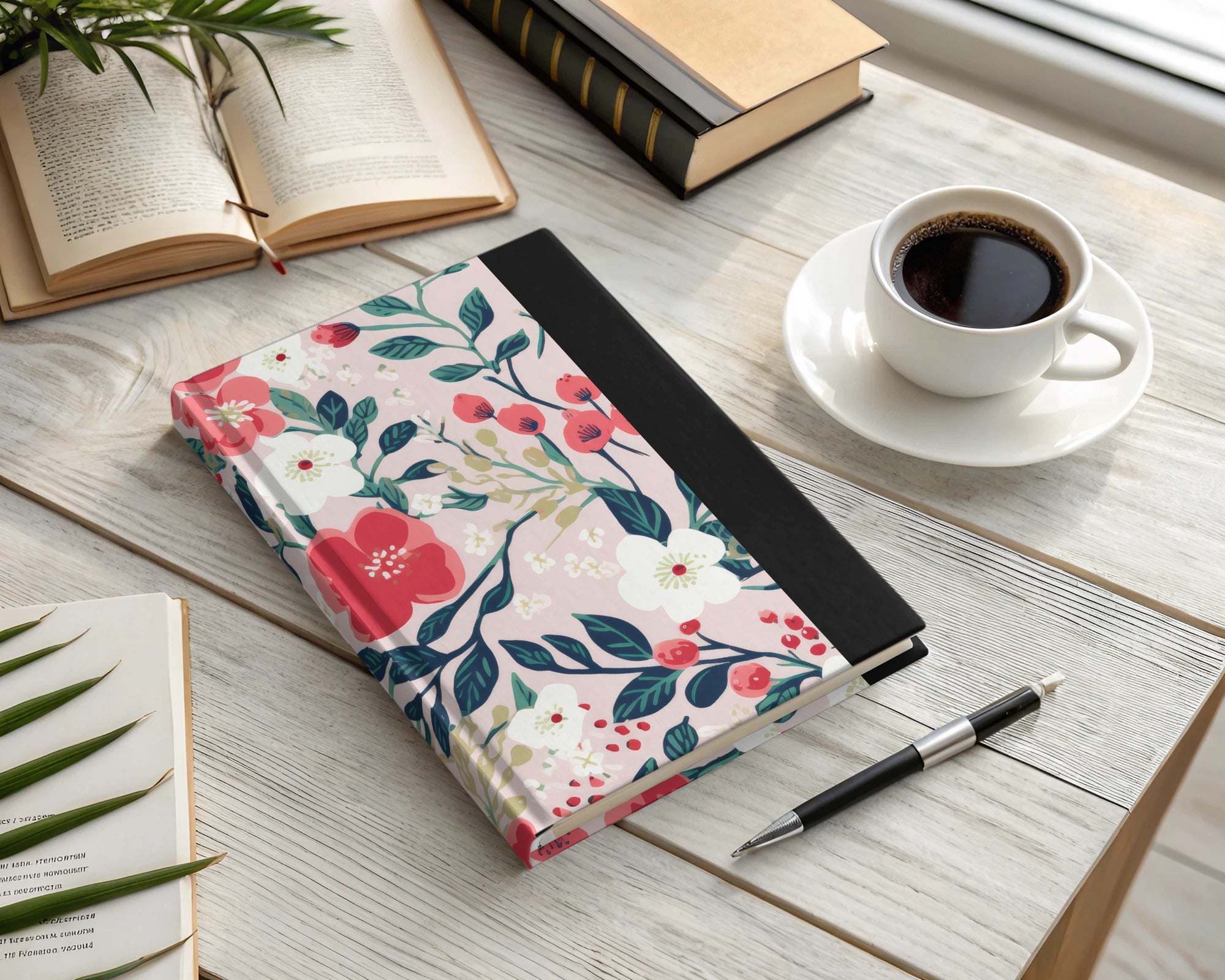 Floral and Black Hardcover Notebook for Daily Journals