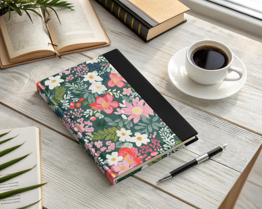 Floral Design Notebook with Elegant Black Spine Notebook