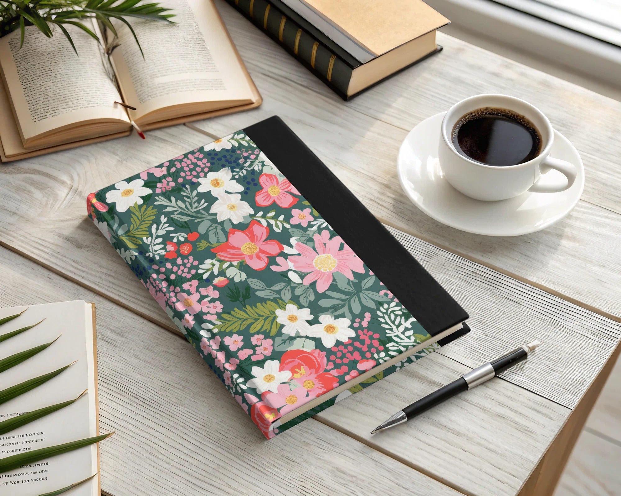 Floral Design Notebook with Elegant Black Spine Notebook