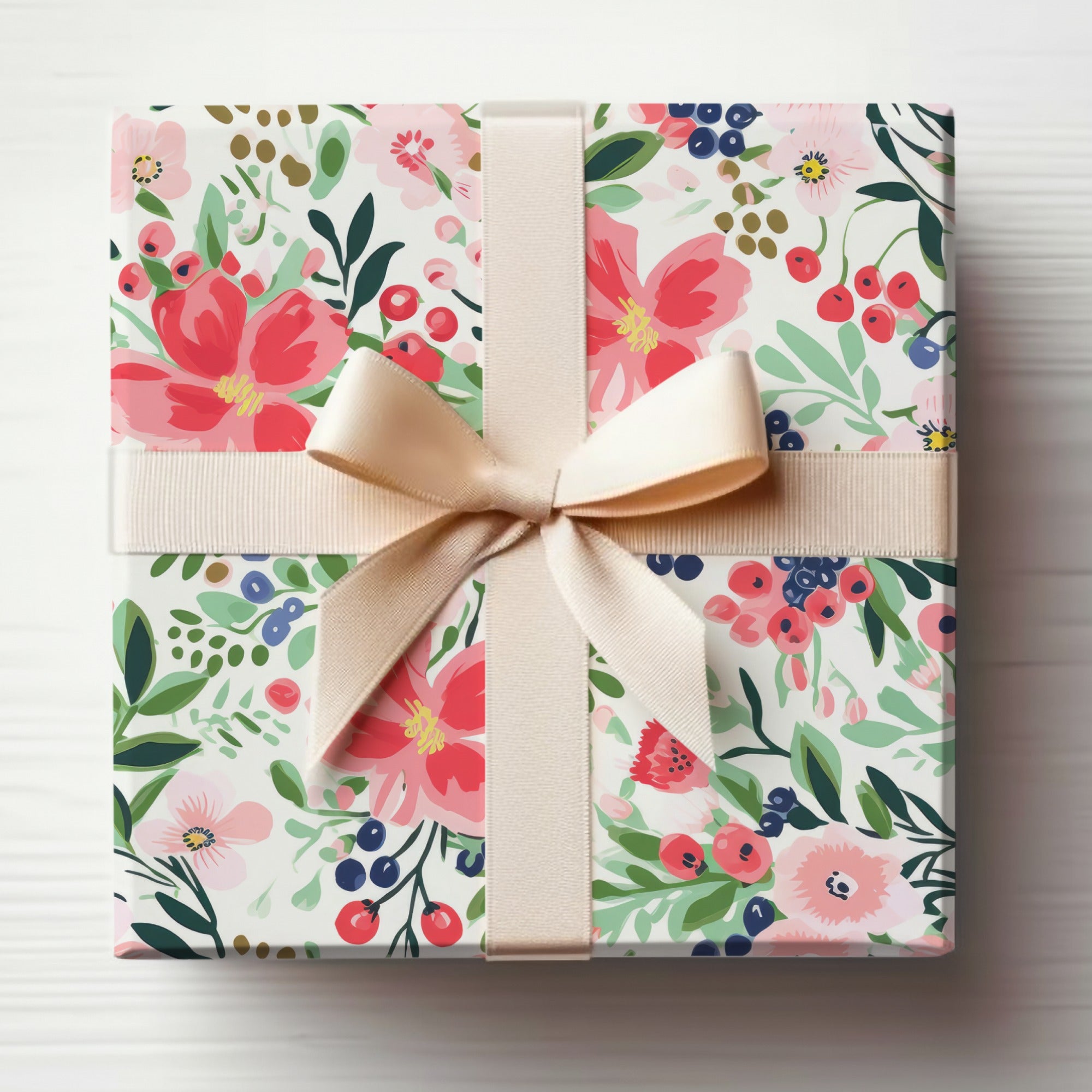Floral Pattern Gift Box with Beige Ribbon Bow