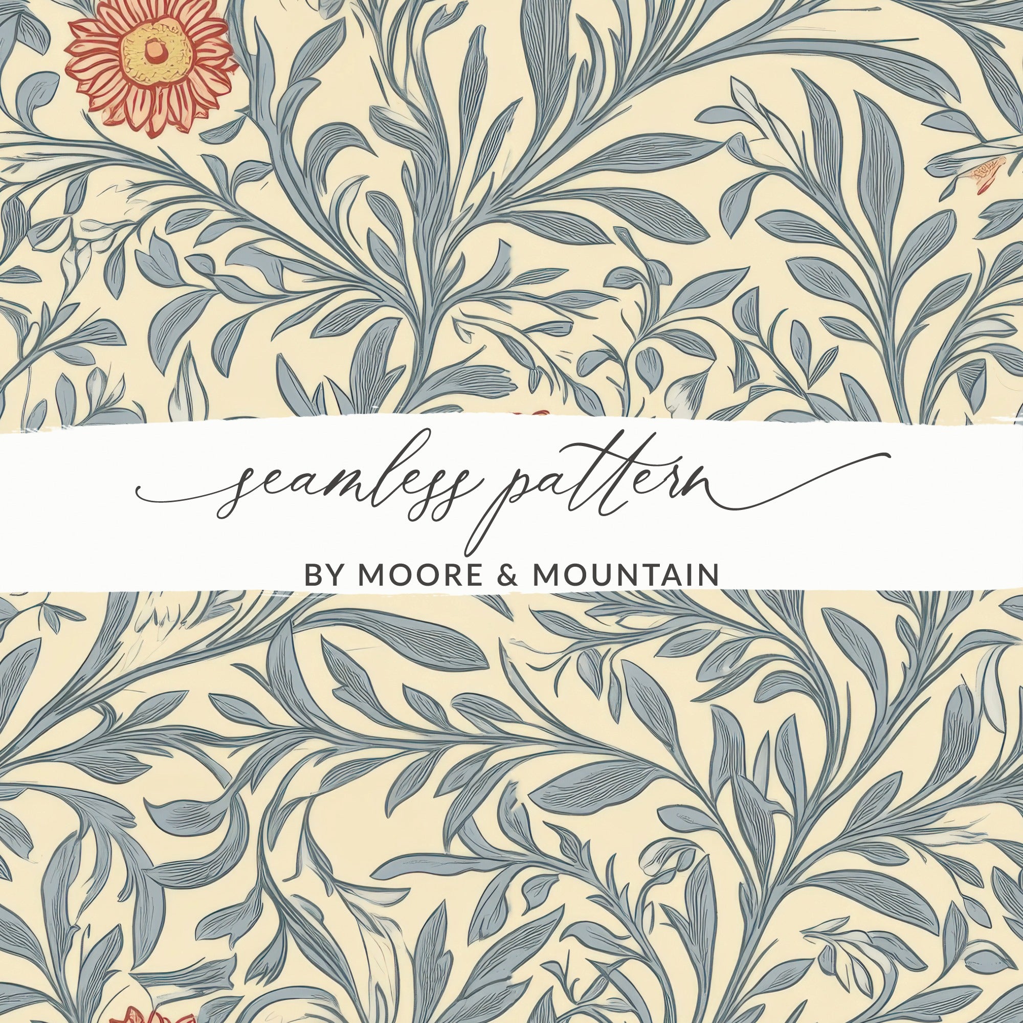 Victorian Vines and Flowers Seamless William Morris Vines Background Blue and Red Digital - Moore and Mountain