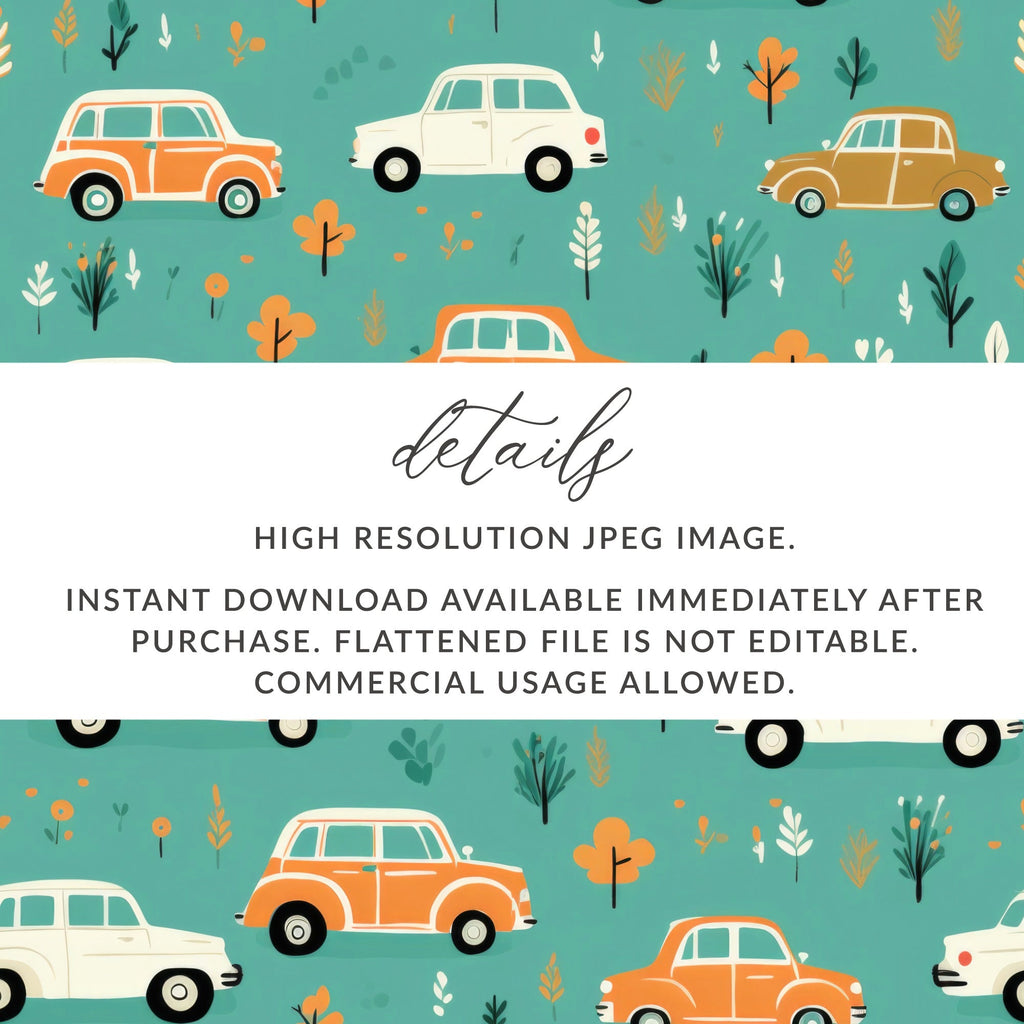 Vintage Car Pattern Digital Paper, Teal, Orange, Retro Vehicles, Scrapbooking Paper, Kids Fabric Design, Car Lover Gift, Digital Download - Moore and Mountain