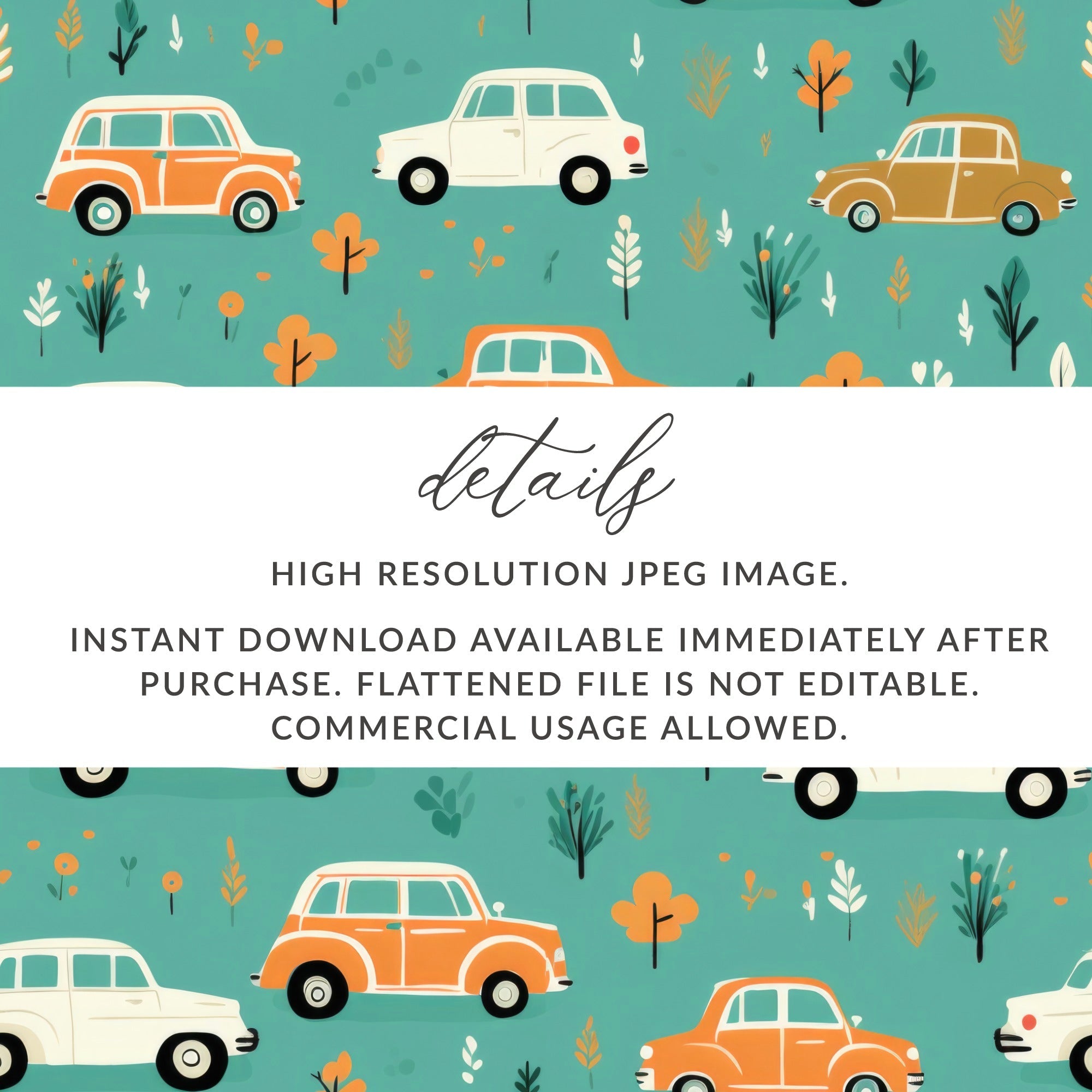 Vintage Car Pattern Digital Paper, Teal, Orange, Retro Vehicles, Scrapbooking Paper, Kids Fabric Design, Car Lover Gift, Digital Download - Moore and Mountain