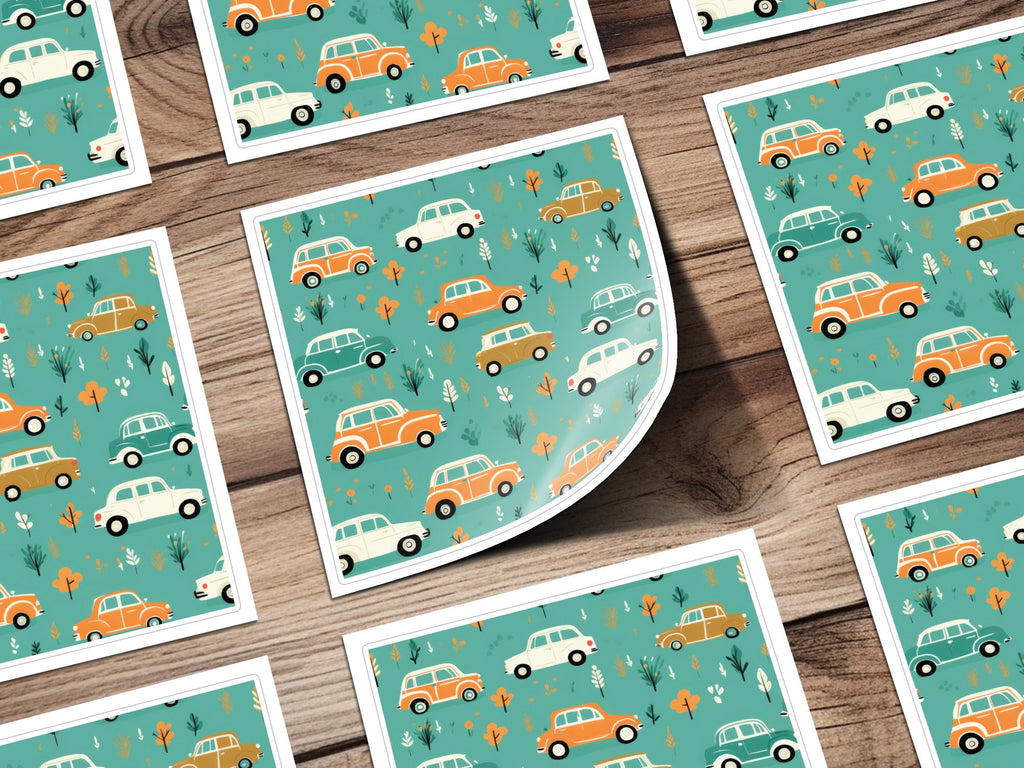 Vintage Car Pattern Digital Paper, Teal, Orange, Retro Vehicles, Scrapbooking Paper, Kids Fabric Design, Car Lover Gift, Digital Download - Moore and Mountain