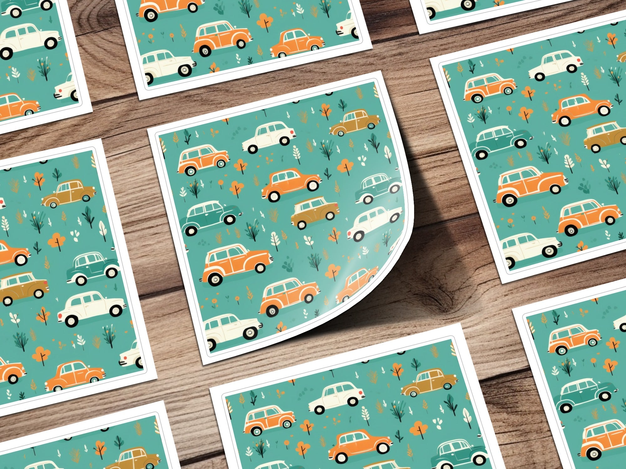 Vintage Car Pattern Digital Paper, Teal, Orange, Retro Vehicles, Scrapbooking Paper, Kids Fabric Design, Car Lover Gift, Digital Download - Moore and Mountain