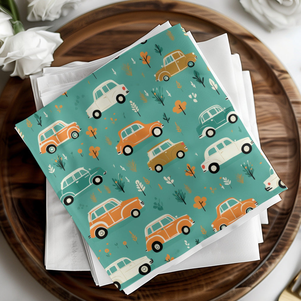 Vintage Car Pattern Digital Paper, Teal, Orange, Retro Vehicles, Scrapbooking Paper, Kids Fabric Design, Car Lover Gift, Digital Download - Moore and Mountain