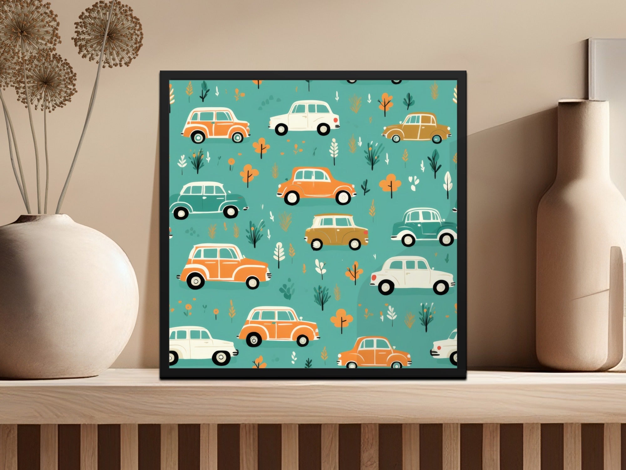 Vintage Car Pattern Digital Paper, Teal, Orange, Retro Vehicles, Scrapbooking Paper, Kids Fabric Design, Car Lover Gift, Digital Download - Moore and Mountain