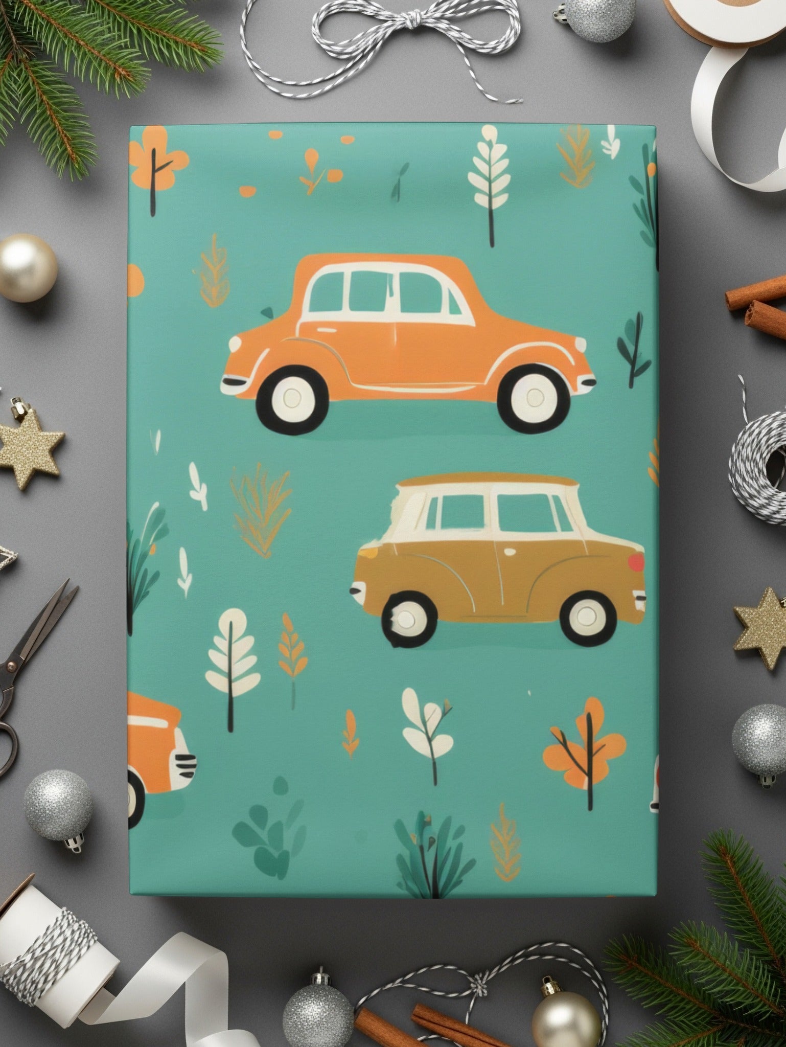 Vintage Car Pattern Digital Paper, Teal, Orange, Retro Vehicles, Scrapbooking Paper, Kids Fabric Design, Car Lover Gift, Digital Download - Moore and Mountain