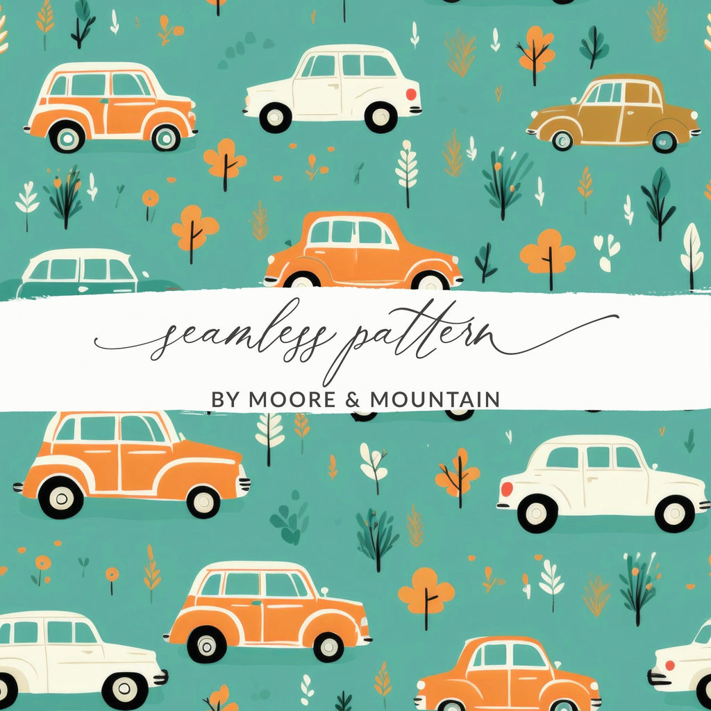 Vintage Car Pattern Digital Paper, Teal, Orange, Retro Vehicles, Scrapbooking Paper, Kids Fabric Design, Car Lover Gift, Digital Download - Moore and Mountain