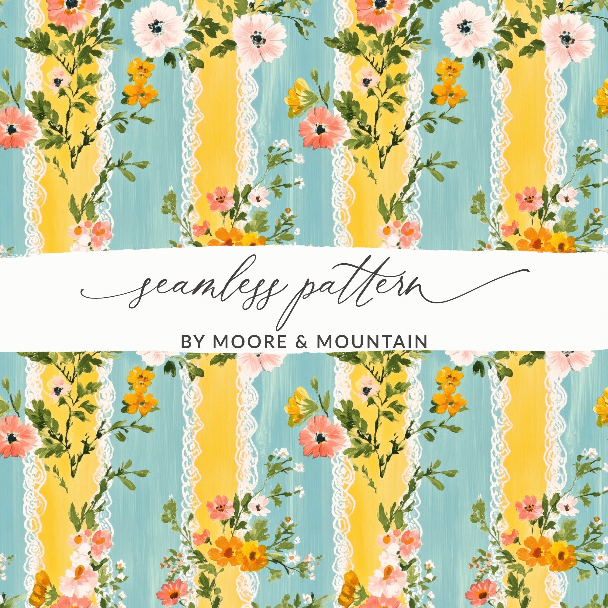 Vintage Floral Digital Paper, Seamless Pattern, Cottagecore Design, Fabric Print, Scrapbook Paper, Digital Download, Yellow and Blue - Moore and Mountain