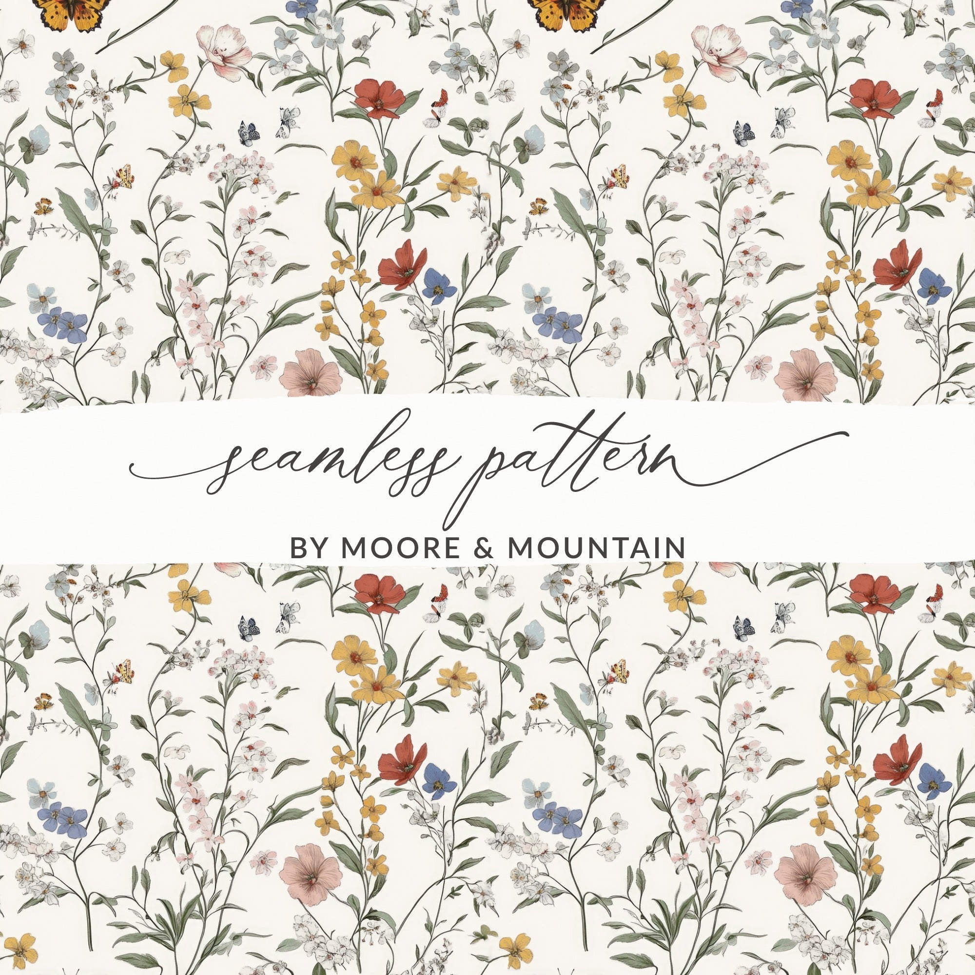 Vintage Wildflower Seamless Pattern Butterfly and Floral Pattern Delicate Illustration Download - Moore and Mountain