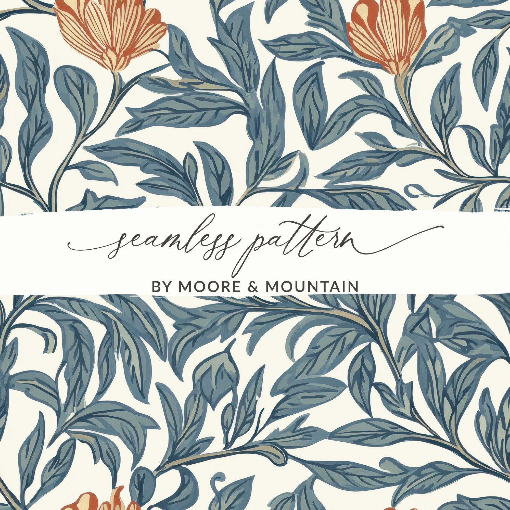 Vintage William Morris Vines Print, Seamless Background Blue Orange Digital - Moore and Mountain