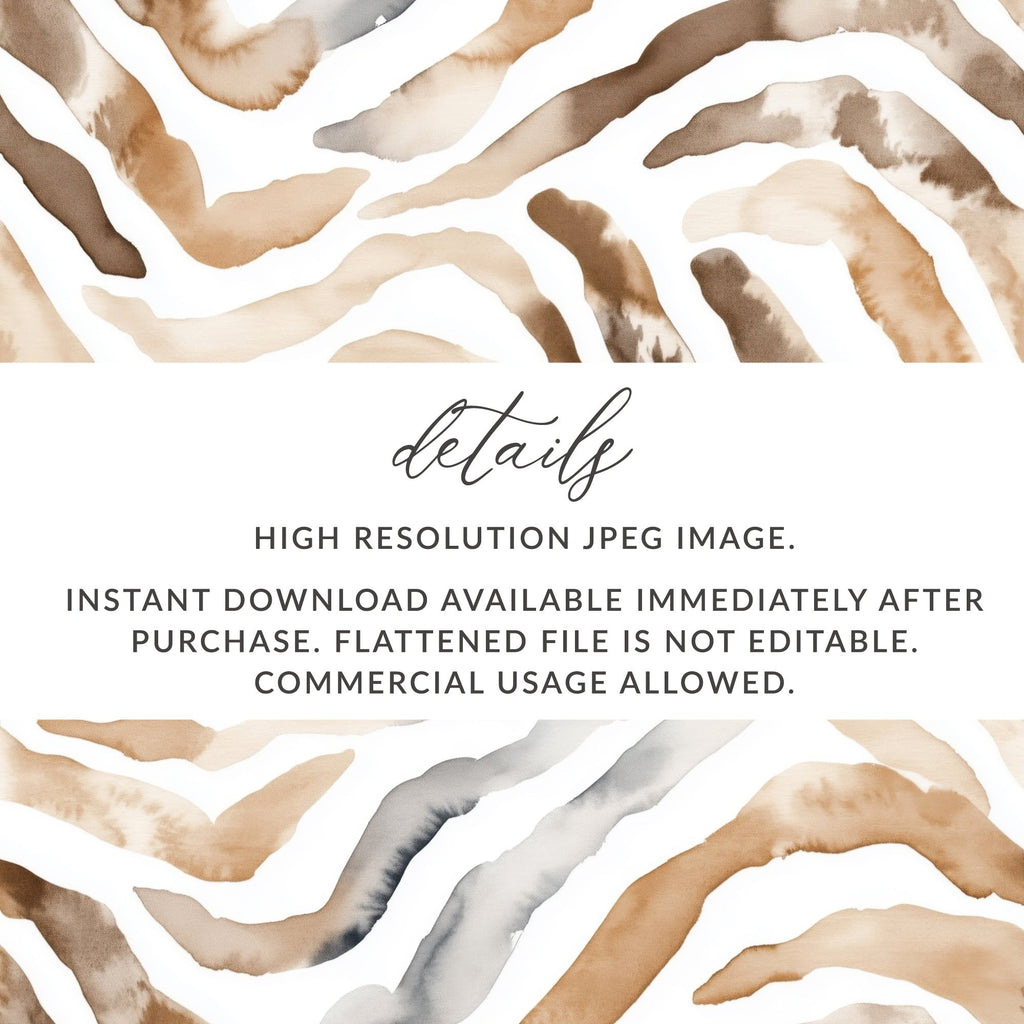Watercolor Animal Print Digital Download, Seamless Animal Skin Pattern, Brown Tan Zebra Stripes, Two Scale JPEG Files - Moore and Mountain