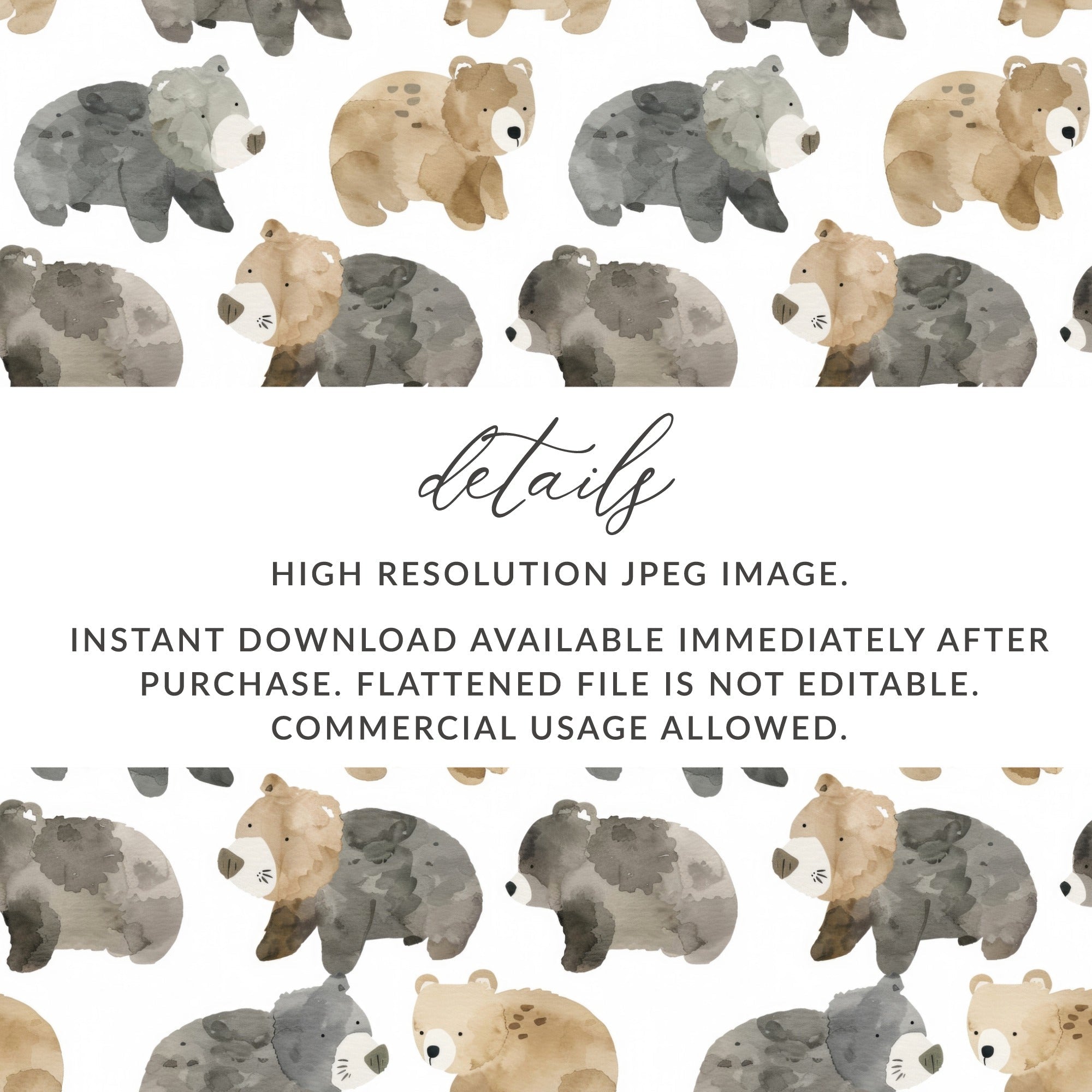 Watercolor Bear Pattern Digital Paper, Seamless Bear Background, Cute Bear Repeat Pattern, Nursery Decor, Scrapbooking Paper Digital - Moore and Mountain
