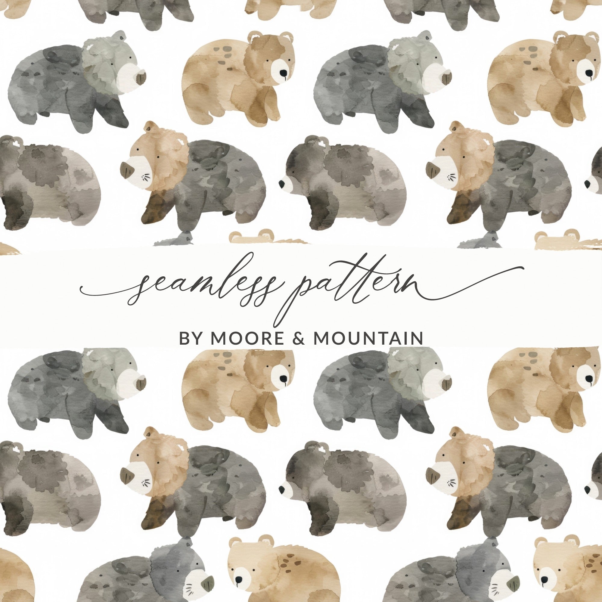 Watercolor Bear Pattern Digital Paper, Seamless Bear Background, Cute Bear Repeat Pattern, Nursery Decor, Scrapbooking Paper Digital - Moore and Mountain