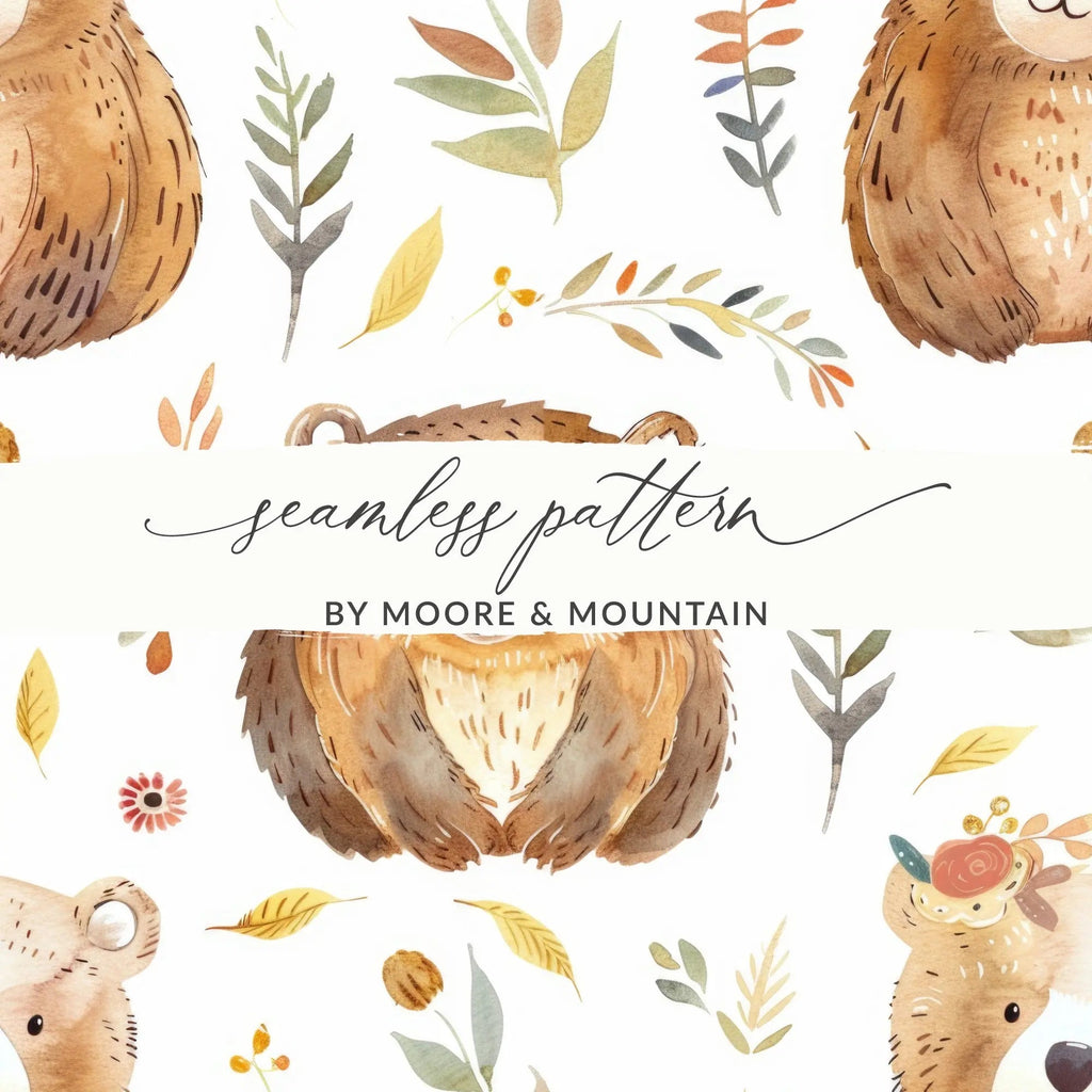 Watercolor Bear Seamless Pattern Digital, Forest Animal Print, Nursery Art, Woodland Texture, Digital Paper Pack for Fabric and Crafts - Moore and Mountain