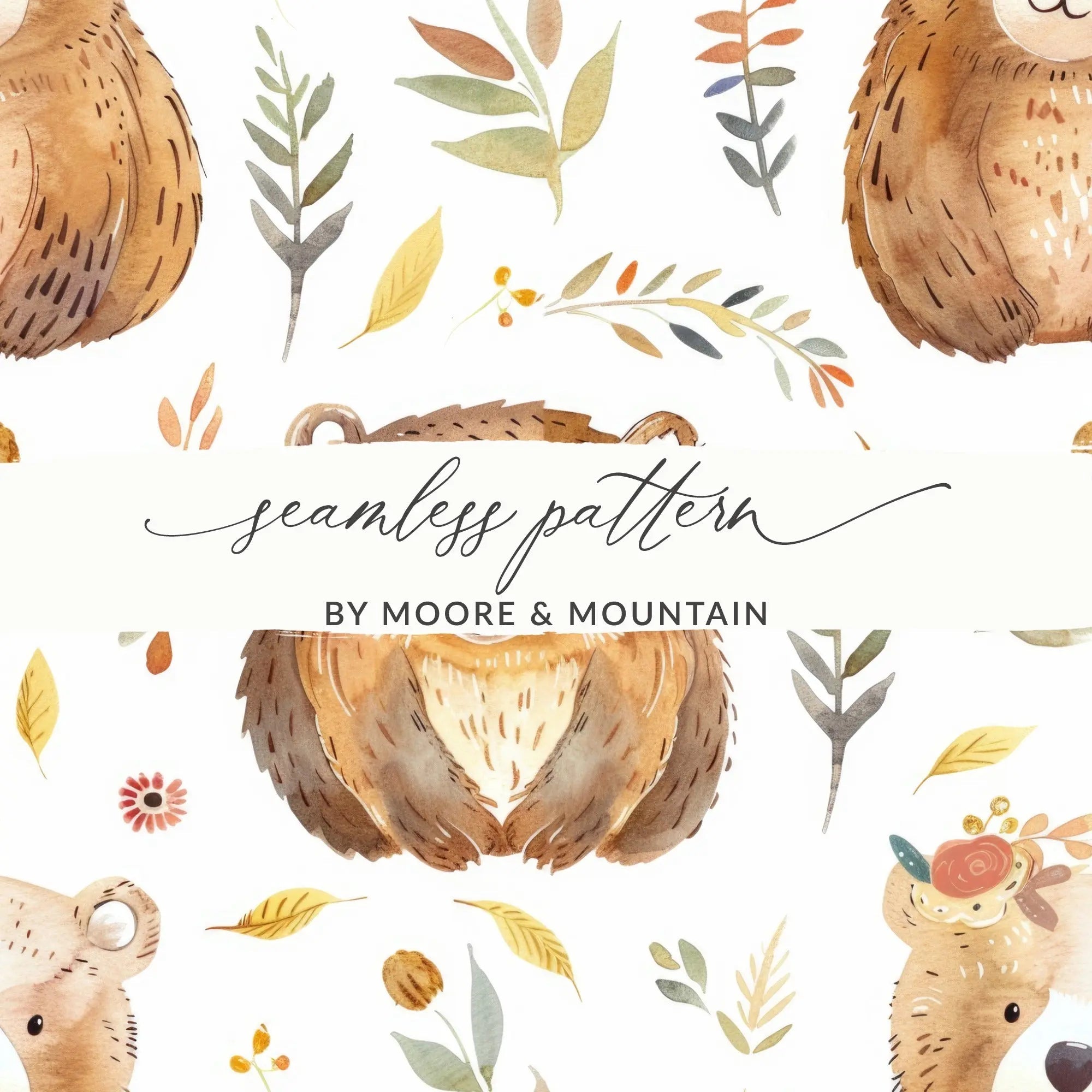 Watercolor Bear Seamless Pattern Digital, Forest Animal Print, Nursery Art, Woodland Texture, Digital Paper Pack for Fabric and Crafts - Moore and Mountain