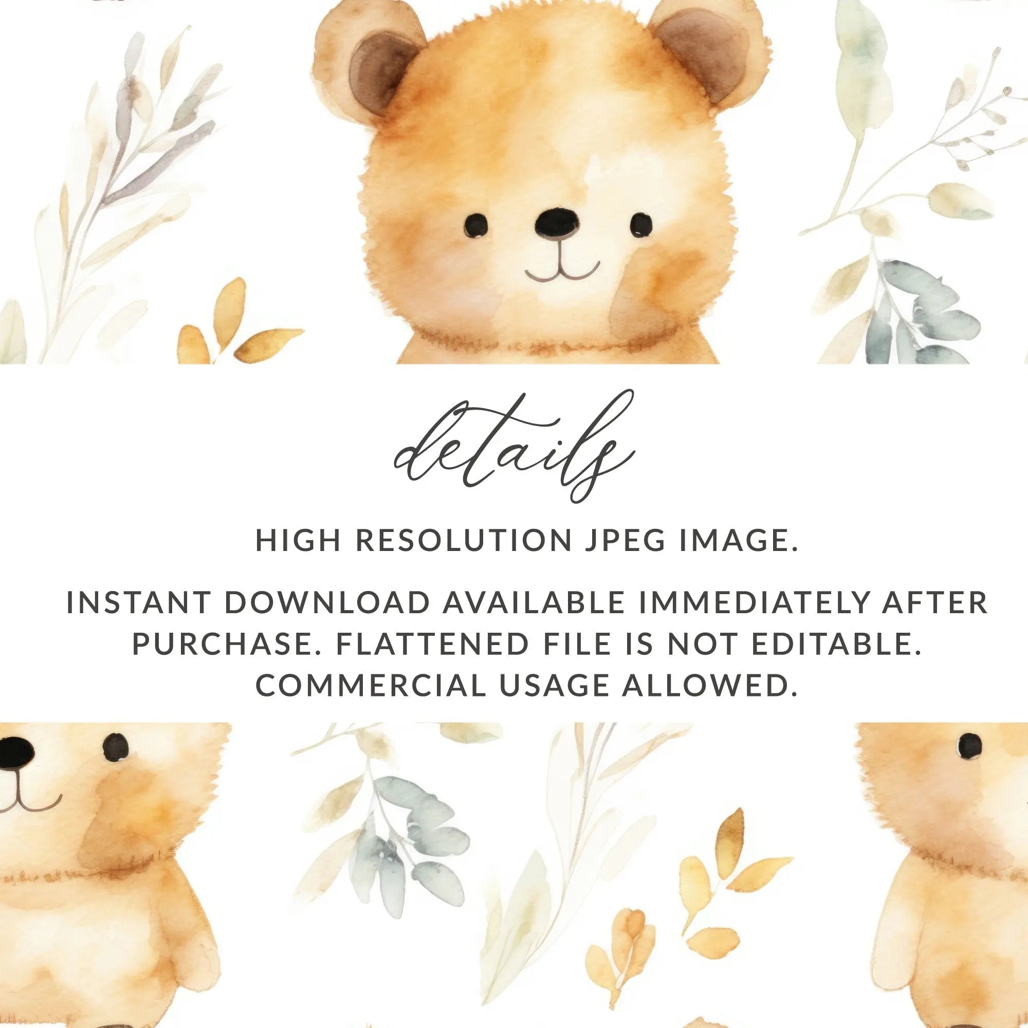 Watercolor Bear Seamless Pattern Digital Paper, Cute Animal Illustration, Neutral Nursery Art, 12x12 JPEG Digital Files - Moore and Mountain