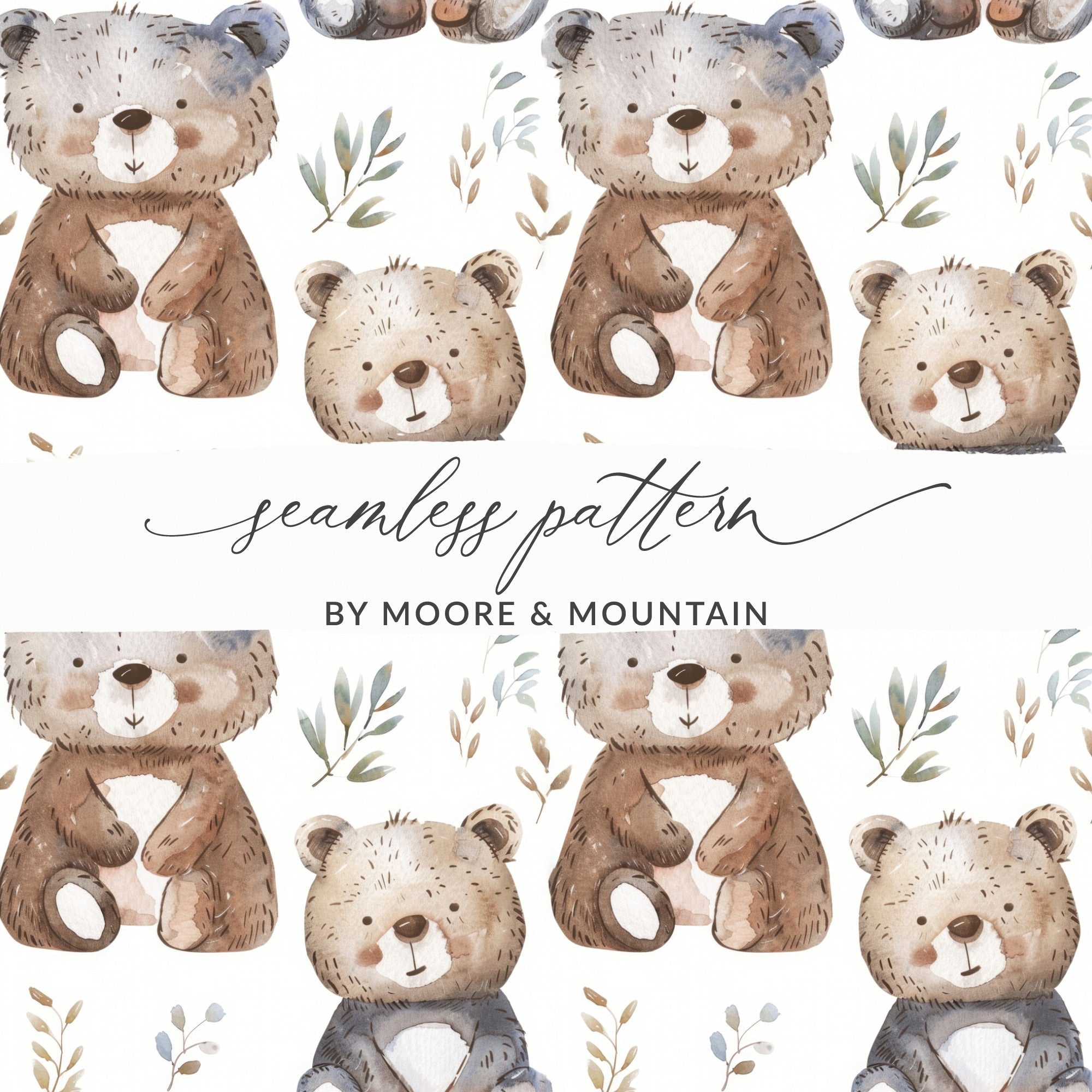 Watercolor Bear Seamless Pattern Digital Paper, Nursery Decor, Cute Bear Repeat Pattern, Baby Shower Fabric Design, Scrapbooking Paper - Moore and Mountain