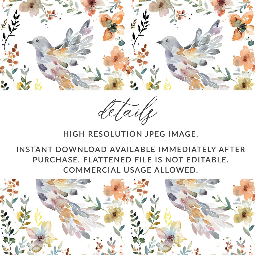 Watercolor Bird Digital Paper, Floral Pattern, White Background, Spring Flowers, Seamless Pattern, Neutral Colors, Digital Download - Moore and Mountain