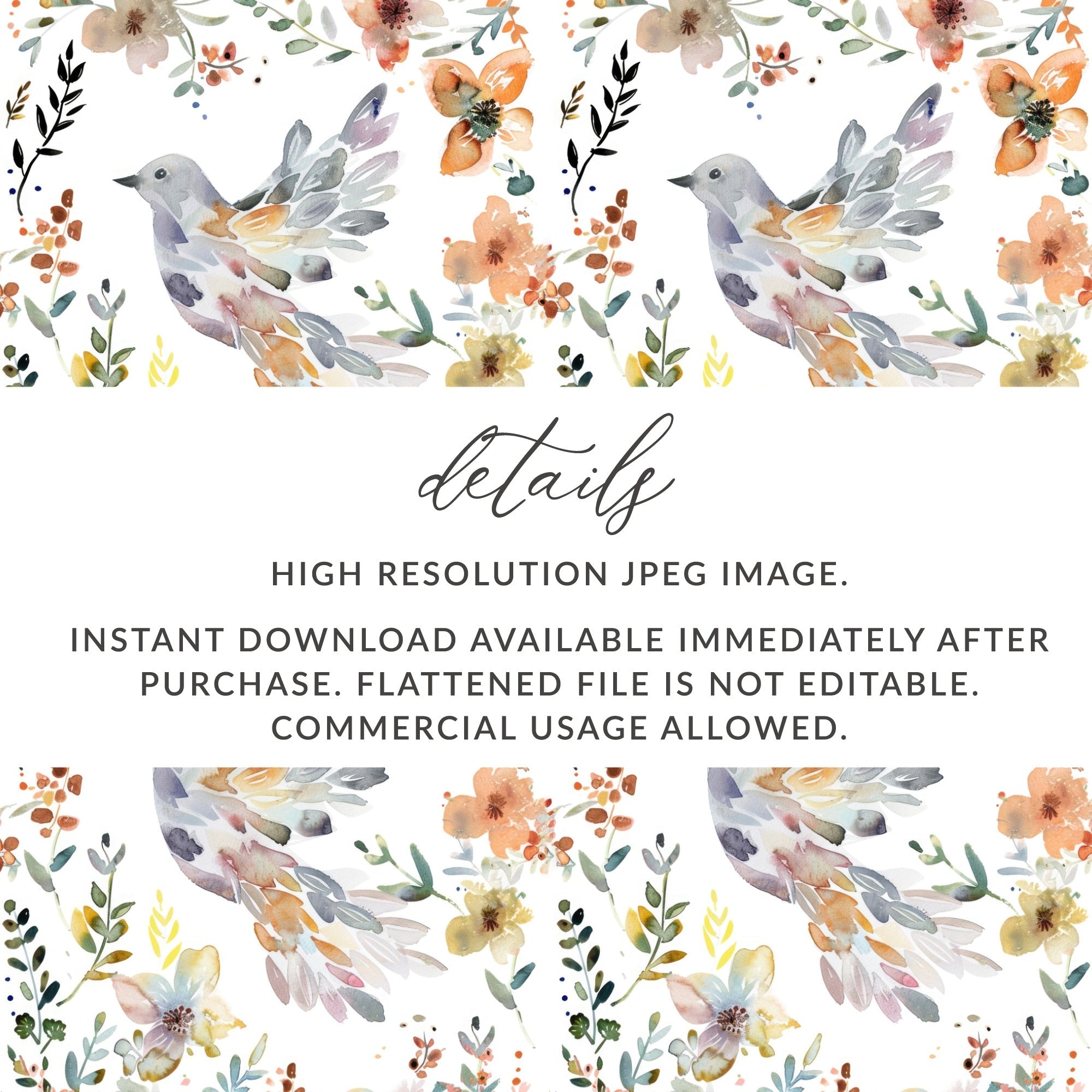 Watercolor Bird Digital Paper, Floral Pattern, White Background, Spring Flowers, Seamless Pattern, Neutral Colors, Digital Download - Moore and Mountain