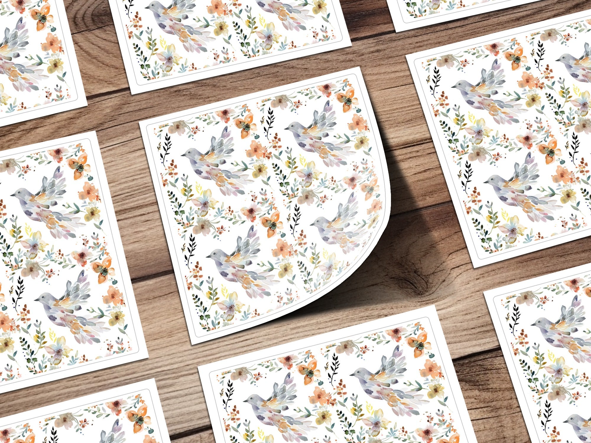 Watercolor Bird Digital Paper, Floral Pattern, White Background, Spring Flowers, Seamless Pattern, Neutral Colors, Digital Download - Moore and Mountain