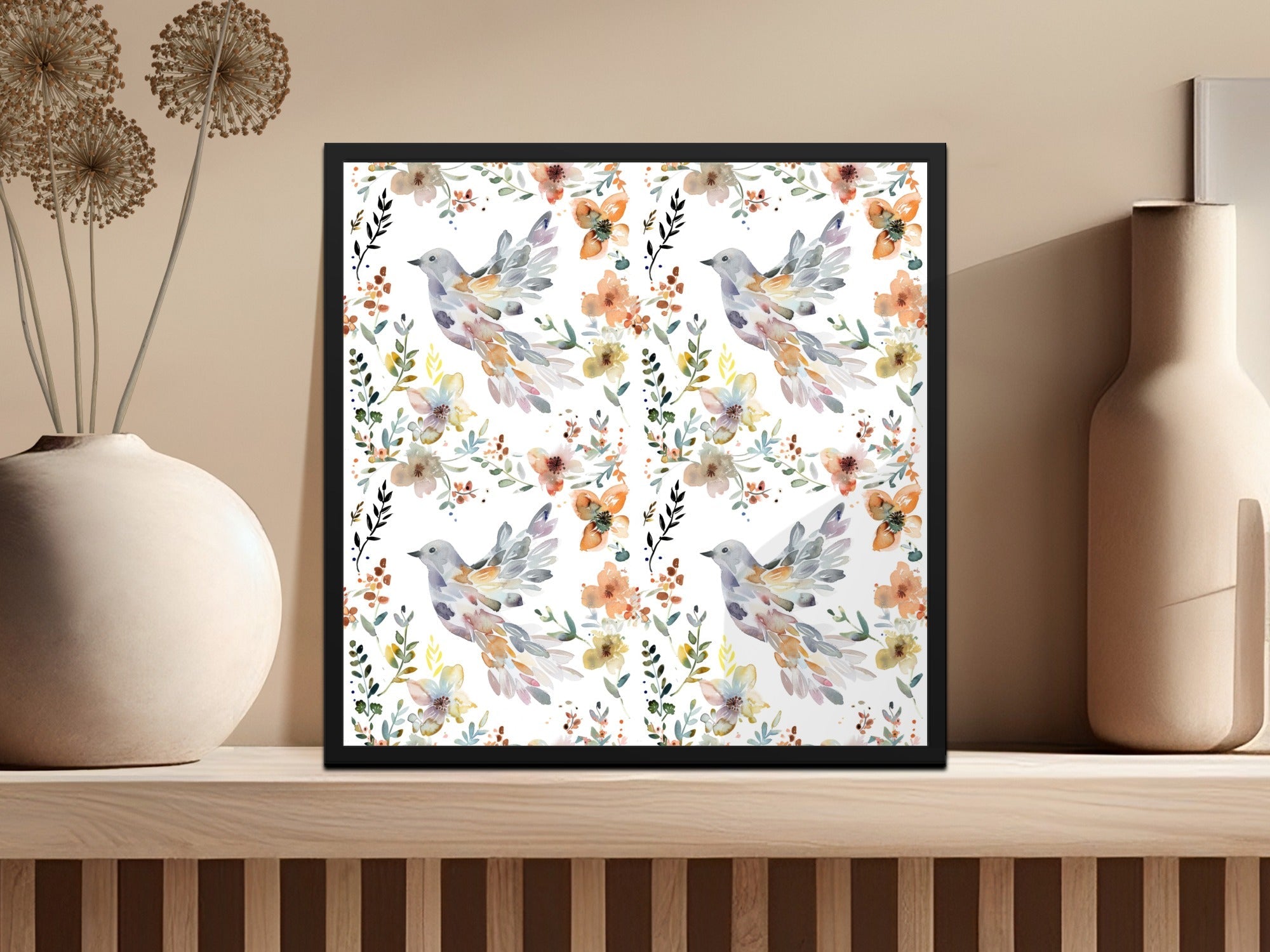 Watercolor Bird Digital Paper, Floral Pattern, White Background, Spring Flowers, Seamless Pattern, Neutral Colors, Digital Download - Moore and Mountain