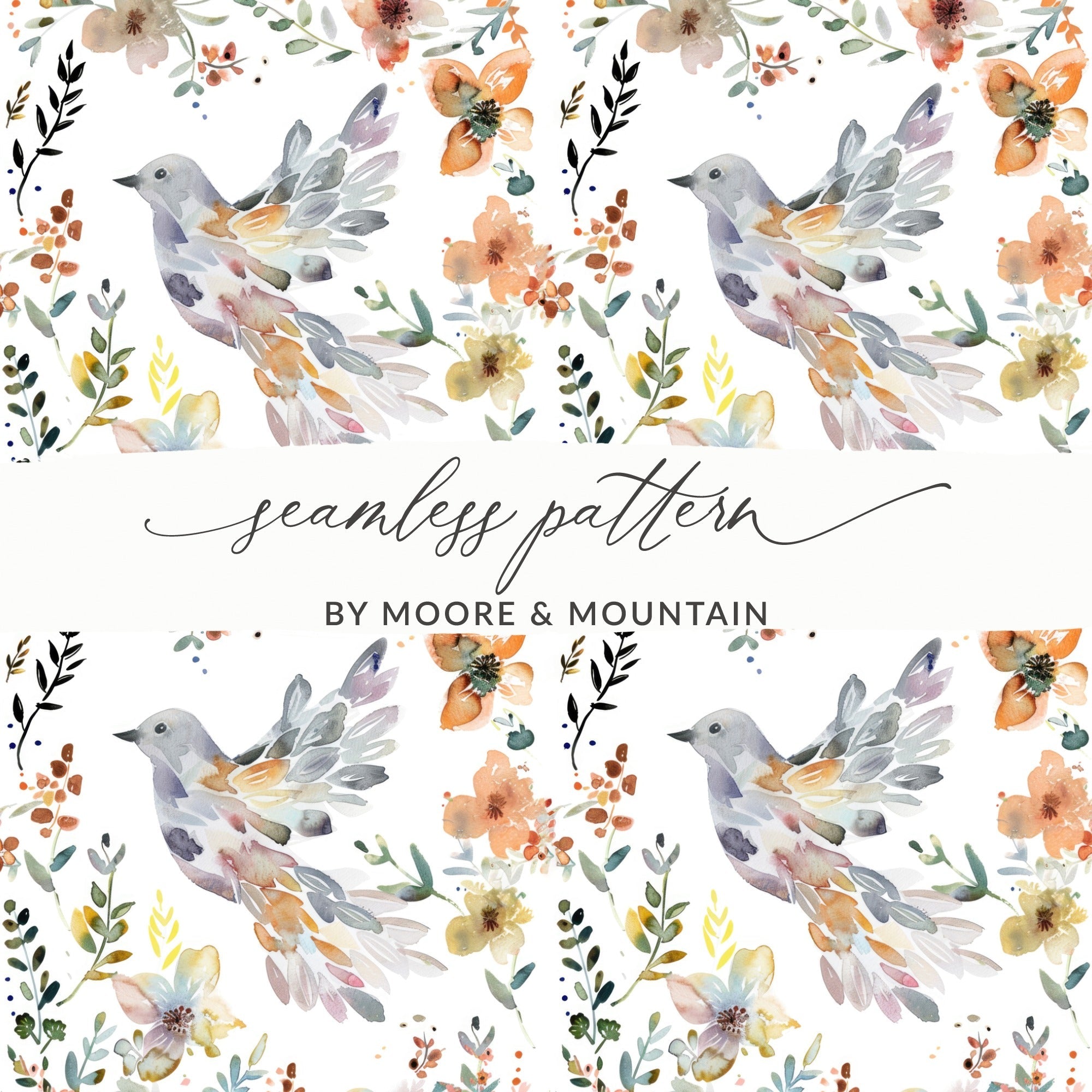 Watercolor Bird Digital Paper, Floral Pattern, White Background, Spring Flowers, Seamless Pattern, Neutral Colors, Digital Download - Moore and Mountain