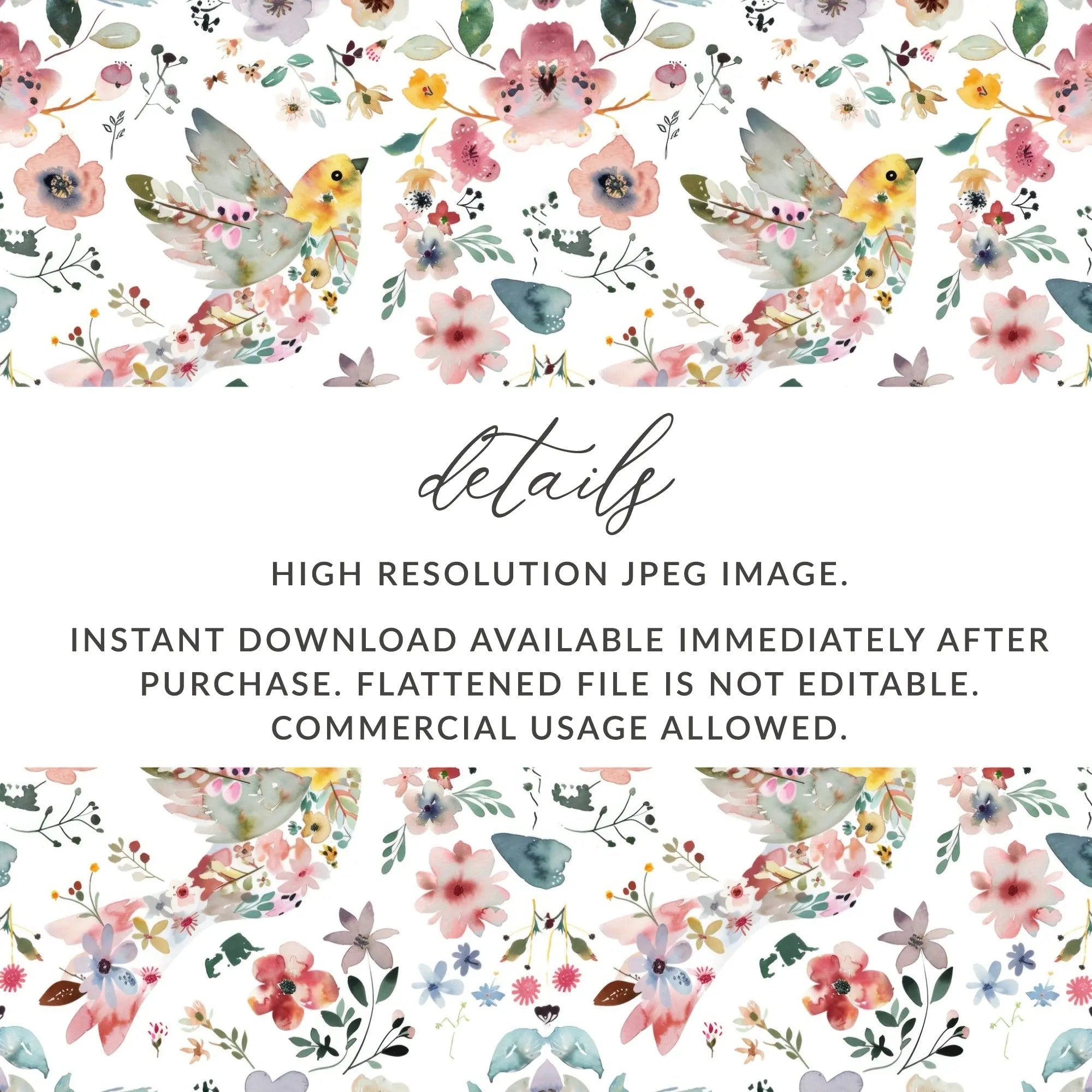 Watercolor Bird Floral Seamless Pattern Digital, Repeating Flower Design, Fabric Print, Scrapbooking Paper, 12x12, JPEG Files - Moore and Mountain
