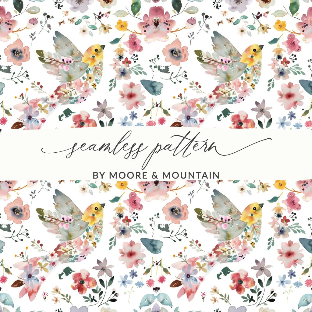 Watercolor Bird Floral Seamless Pattern Digital, Repeating Flower Design, Fabric Print, Scrapbooking Paper, 12x12, JPEG Files - Moore and Mountain