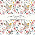Watercolor Bird Floral Seamless Pattern Digital, Repeating Flower Design, Fabric Print, Scrapbooking Paper, 12x12, JPEG Files - Moore and Mountain