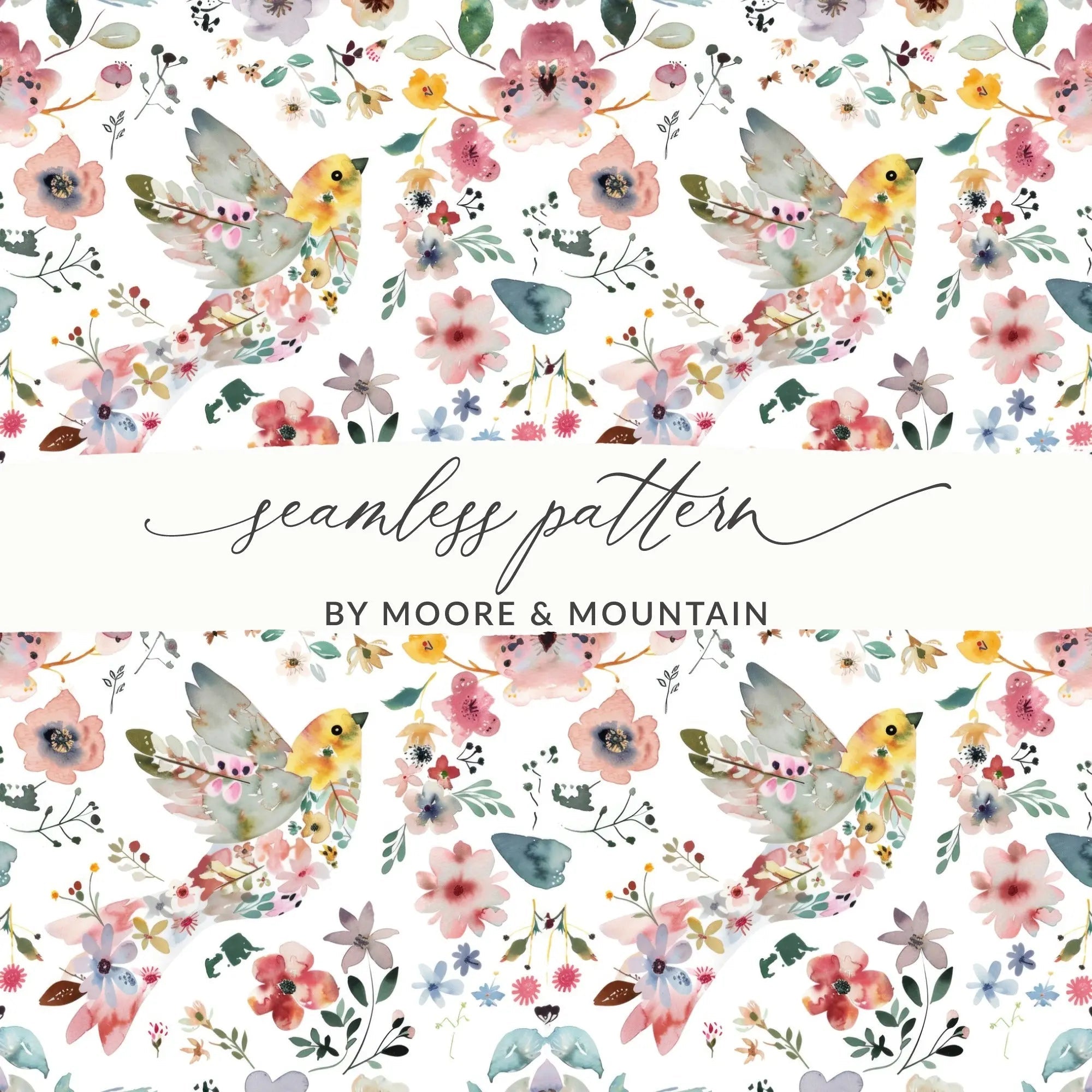 Watercolor Bird Floral Seamless Pattern Digital, Repeating Flower Design, Fabric Print, Scrapbooking Paper, 12x12, JPEG Files - Moore and Mountain