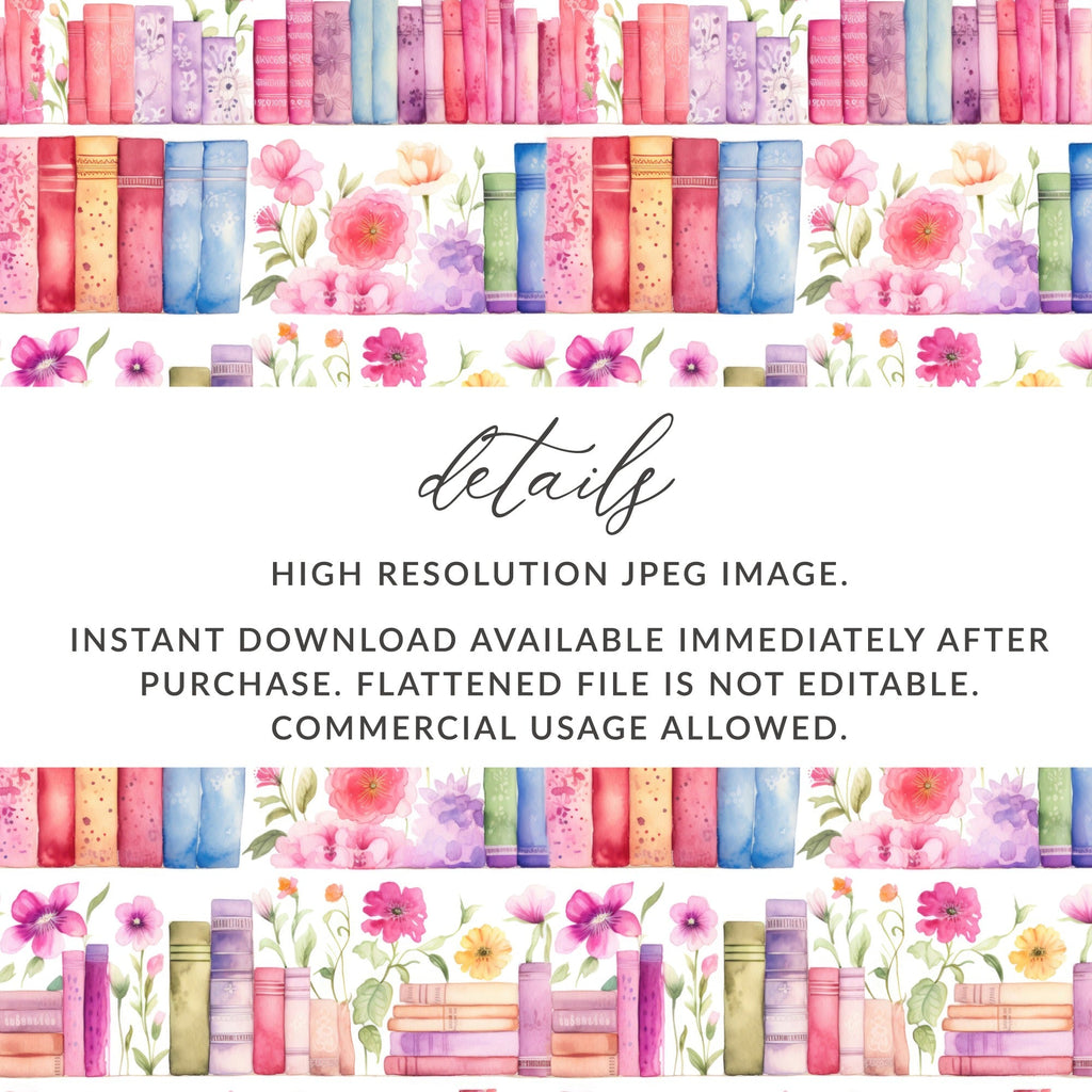 Watercolor Bookshelf Digital Paper, Floral Books Seamless Pattern, Book Lover Scrapbook Paper, 12x12 JPEG Files, Planner Digital - Moore and Mountain