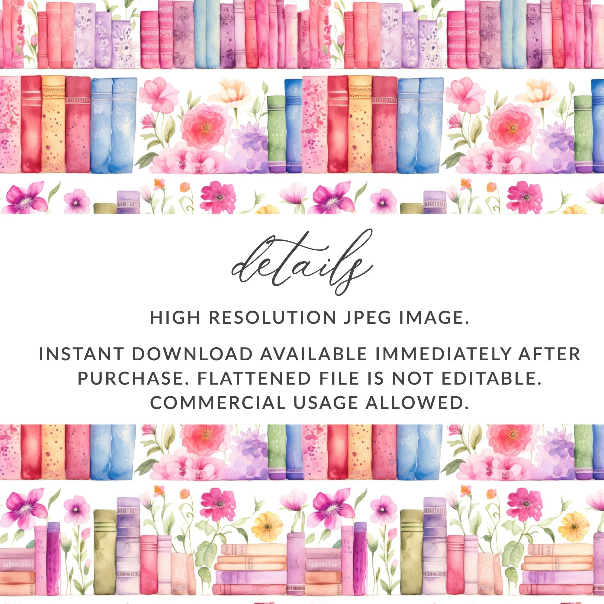 Watercolor Bookshelf Digital Paper, Floral Books Seamless Pattern, Book Lover Scrapbook Paper, 12x12 JPEG Files, Planner Digital - Moore and Mountain