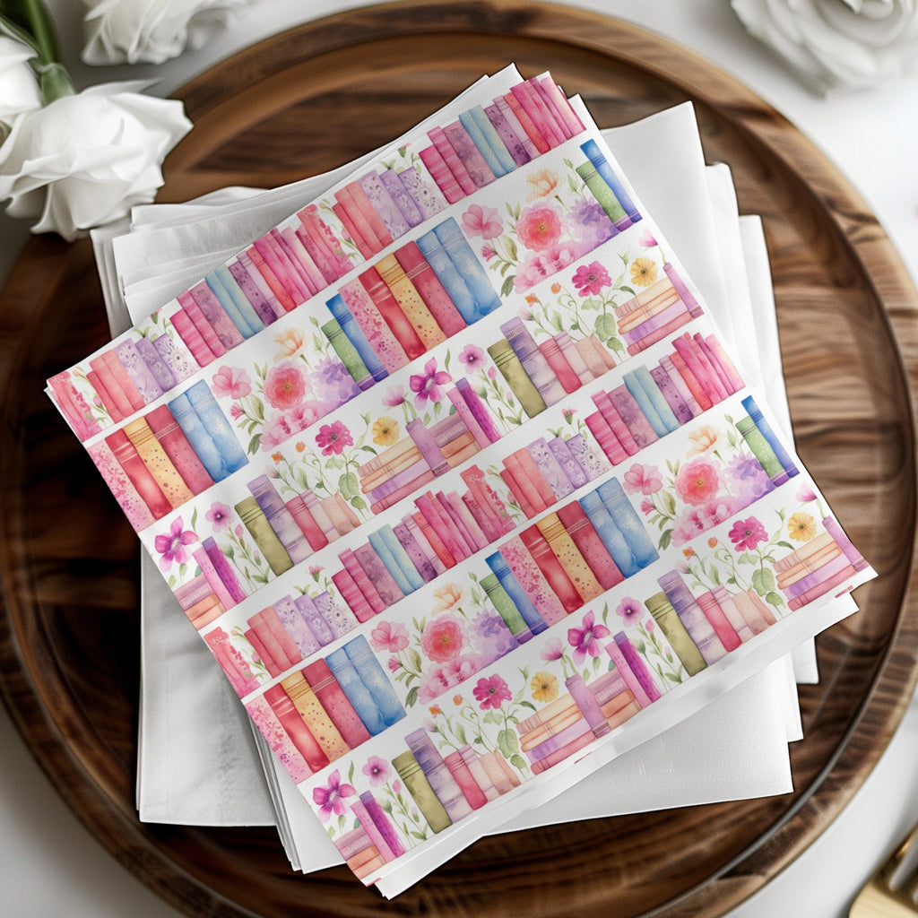 Watercolor Bookshelf Digital Paper, Floral Books Seamless Pattern, Book Lover Scrapbook Paper, 12x12 JPEG Files, Planner Digital - Moore and Mountain
