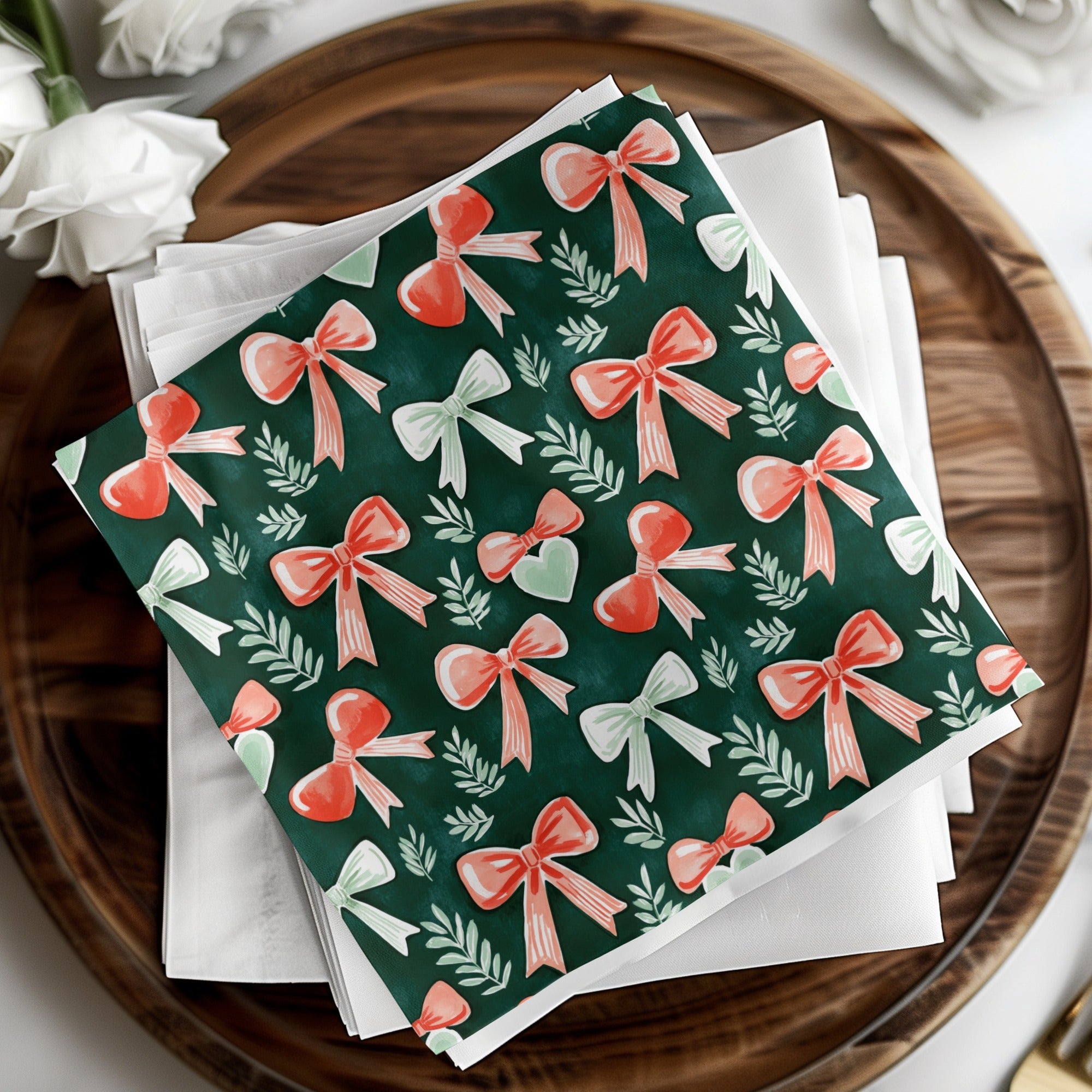 Watercolor Bow Pattern Digital Paper, Dark Green and Coral Bows, Spring Scrapbook Paper, Gift Wrap, Festive Illustration - Moore and Mountain