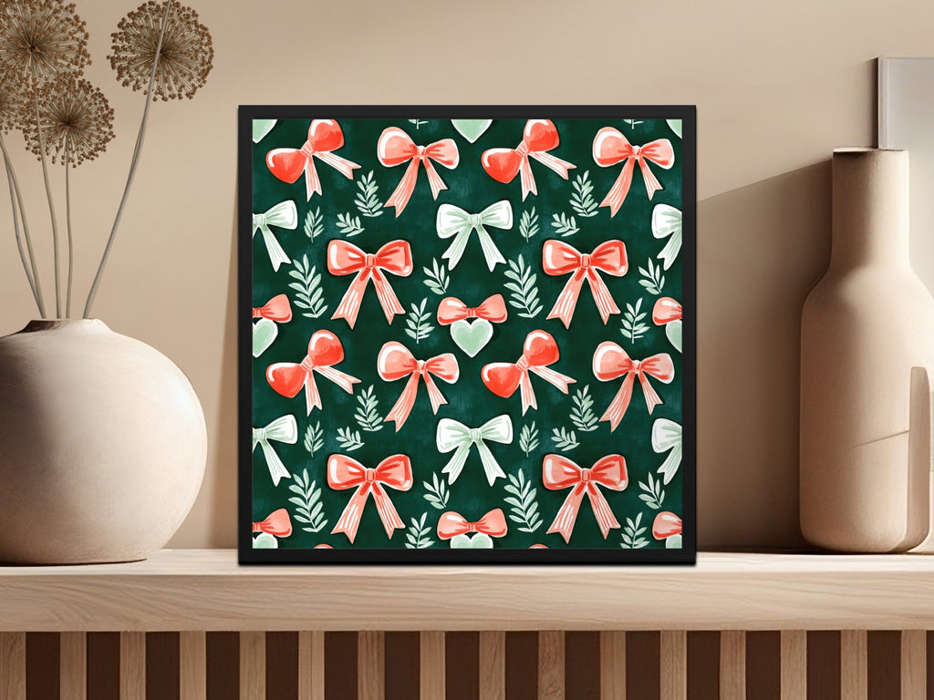 Watercolor Bow Pattern Digital Paper, Dark Green and Coral Bows, Spring Scrapbook Paper, Gift Wrap, Festive Illustration - Moore and Mountain