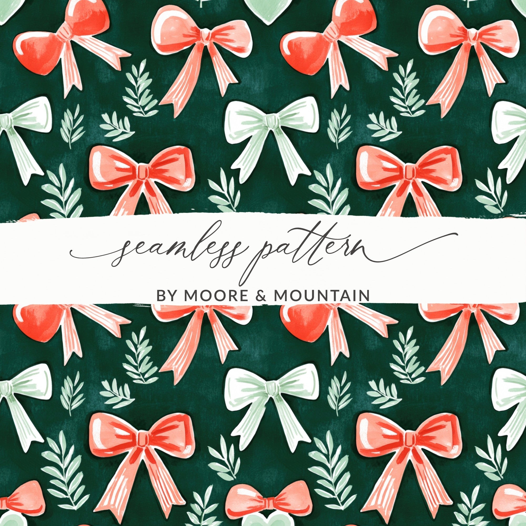 Watercolor Bow Pattern Digital Paper, Dark Green and Coral Bows, Spring Scrapbook Paper, Gift Wrap, Festive Illustration - Moore and Mountain
