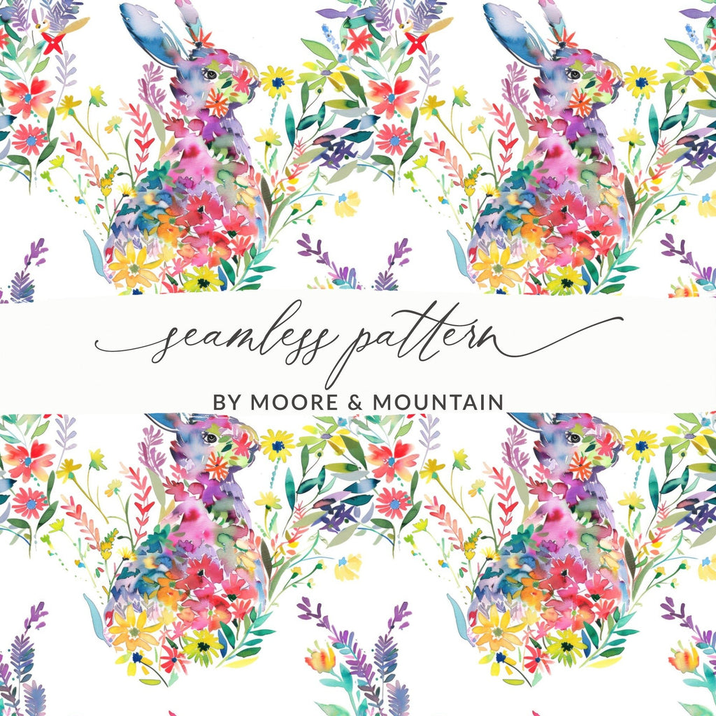 Watercolor Bunny Seamless Pattern, Floral Rabbit Design, Springtime Digital Paper, Easter Digital Download, Animal Illustration Art - Moore and Mountain