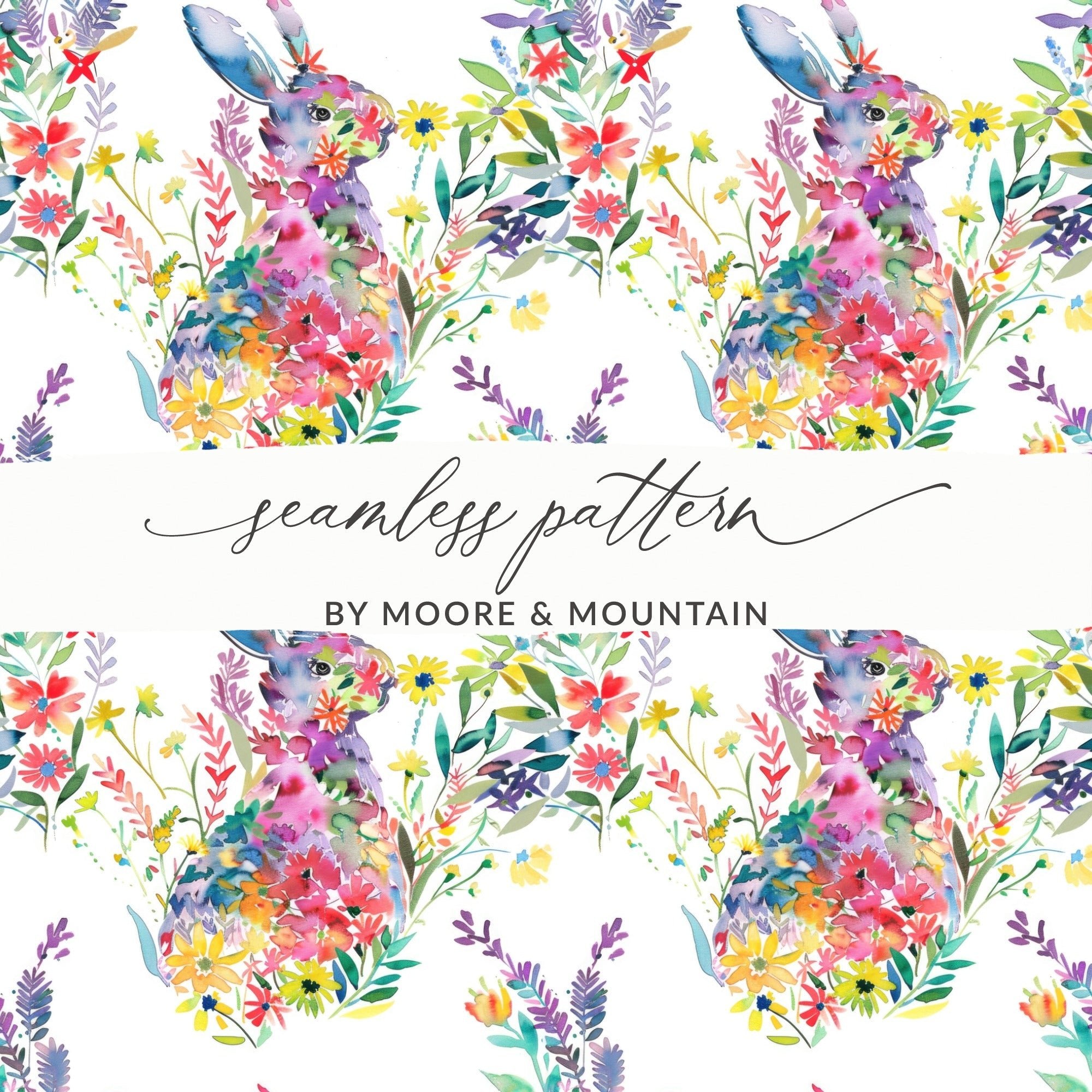 Watercolor Bunny Seamless Pattern, Floral Rabbit Design, Springtime Digital Paper, Easter Digital Download, Animal Illustration Art - Moore and Mountain