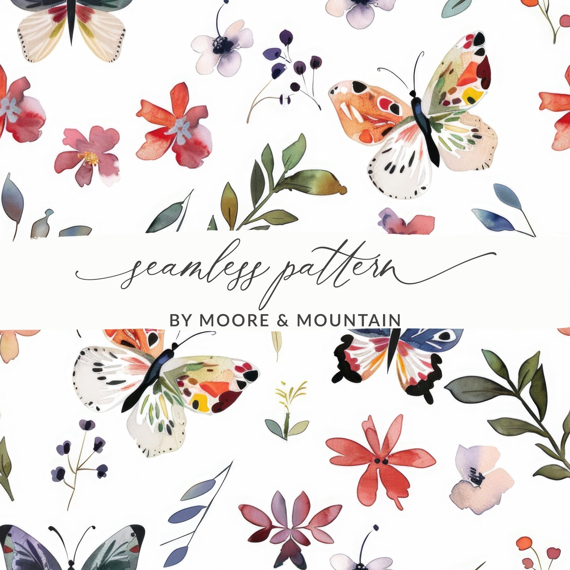 Watercolor Butterfly Pattern, Floral Digital Paper, Seamless Butterfly Print, Botanical Background, Scrapbook Paper, Fabric Design - Moore and Mountain