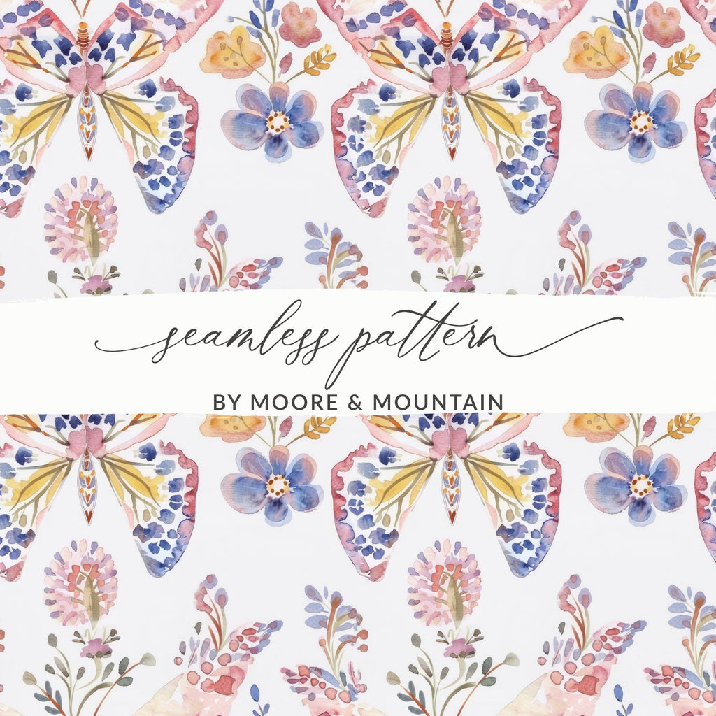 Watercolor Butterfly Seamless Pattern, Floral Digital Paper, Fabric Design, Scrapbooking, Printable Art, Digital Download - Moore and Mountain