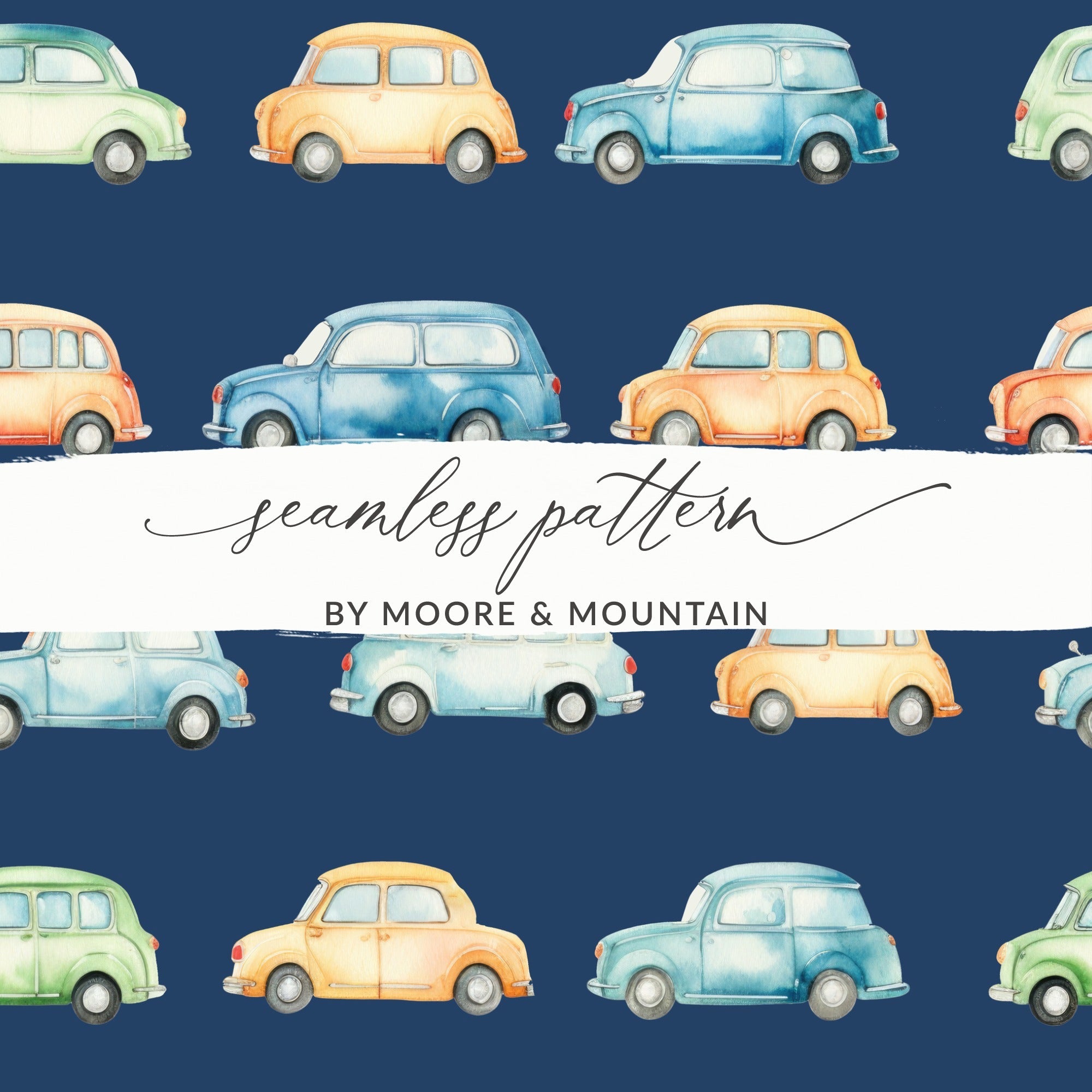 Watercolor Car Seamless Pattern Digital, Vintage Car Background, Kids Room Decor, Scrapbooking Paper, Vehicle Repeat Pattern Design - Moore and Mountain