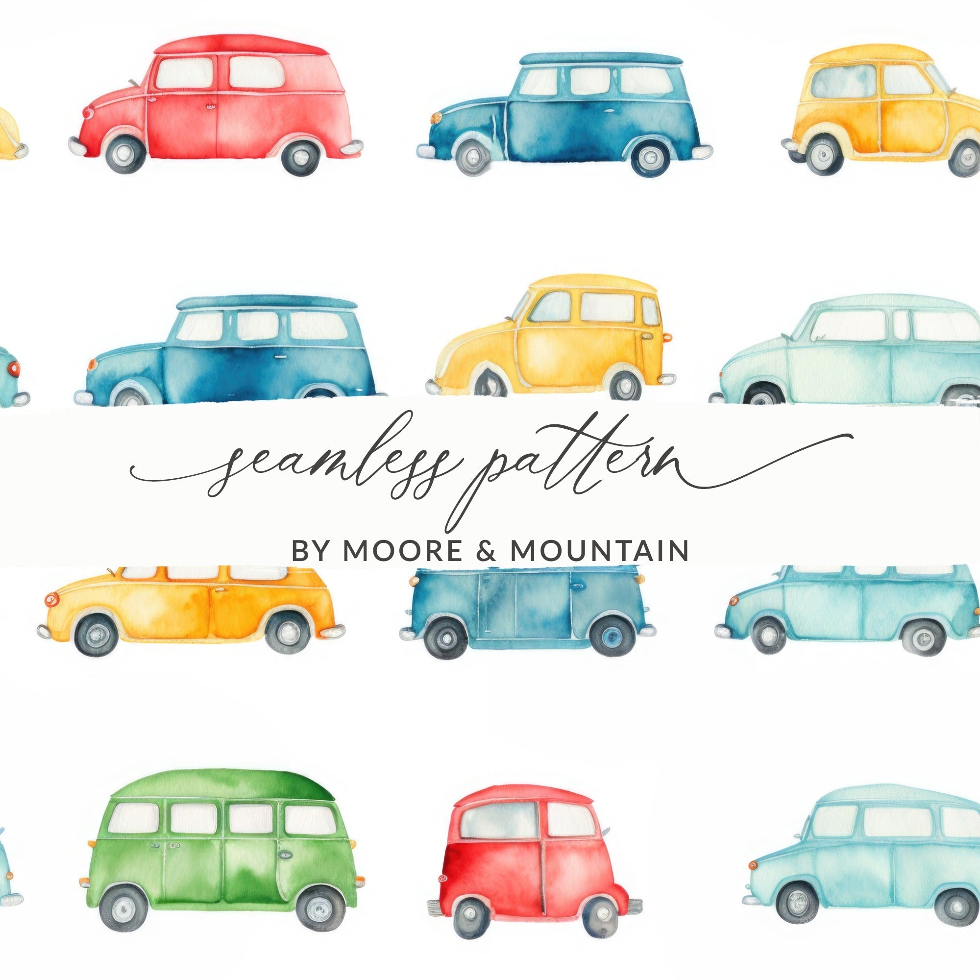 Watercolor Car Seamless Pattern, Vintage Vehicles Digital Paper, Boys Room Decor, Retro Cars Design, Printable Pattern for Kids, Digital - Moore and Mountain