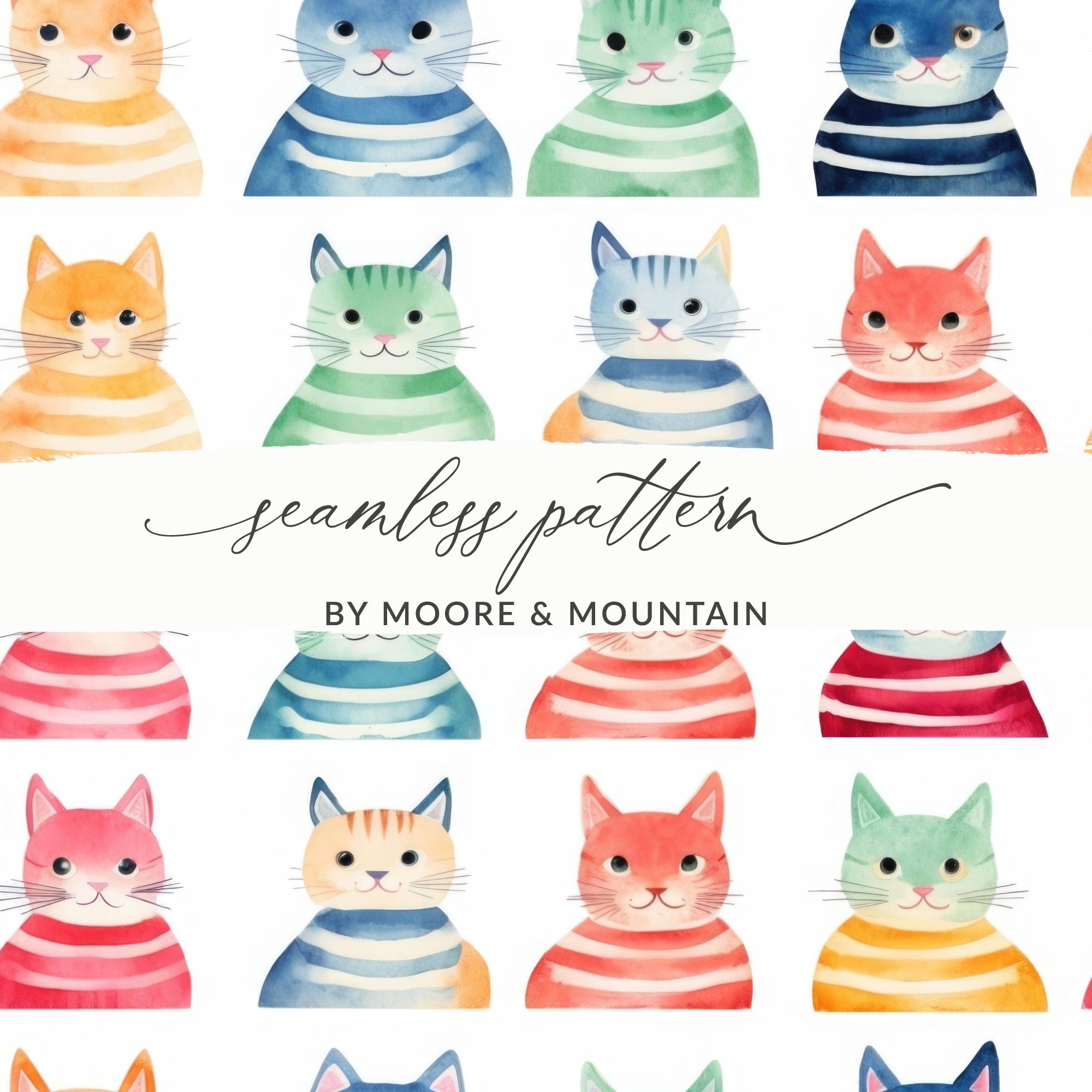 Watercolor Cats Digital Paper, Colorful Kitty Seamless File, Pastel Cat Art, Kids Room Decor, Digital - Moore and Mountain