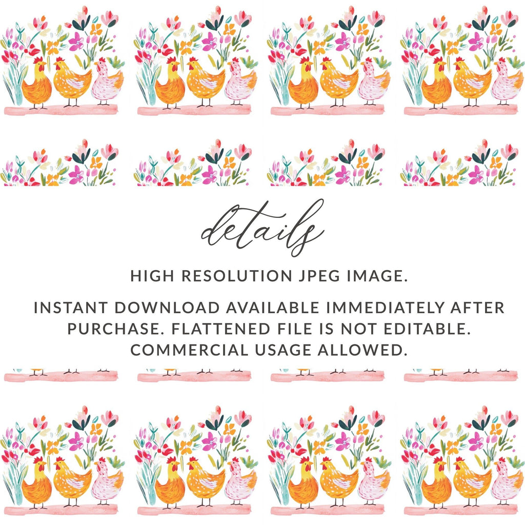 Watercolor Chicken Digital Paper, Floral Chicken Pattern, Spring Seamless File, Farmhouse Digital Print, Spring Chicken Illustration - Moore and Mountain