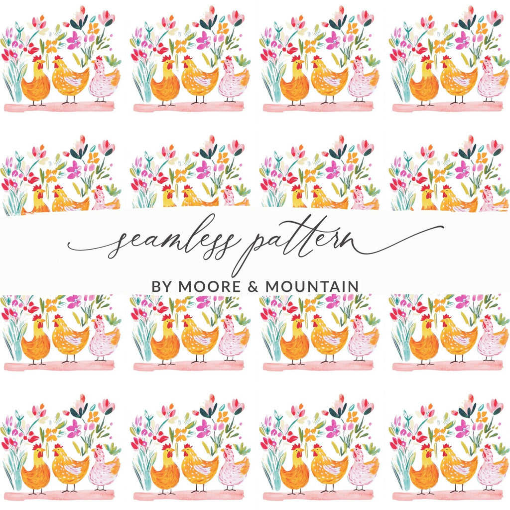 Watercolor Chicken Digital Paper, Floral Chicken Pattern, Spring Seamless File, Farmhouse Digital Print, Spring Chicken Illustration - Moore and Mountain