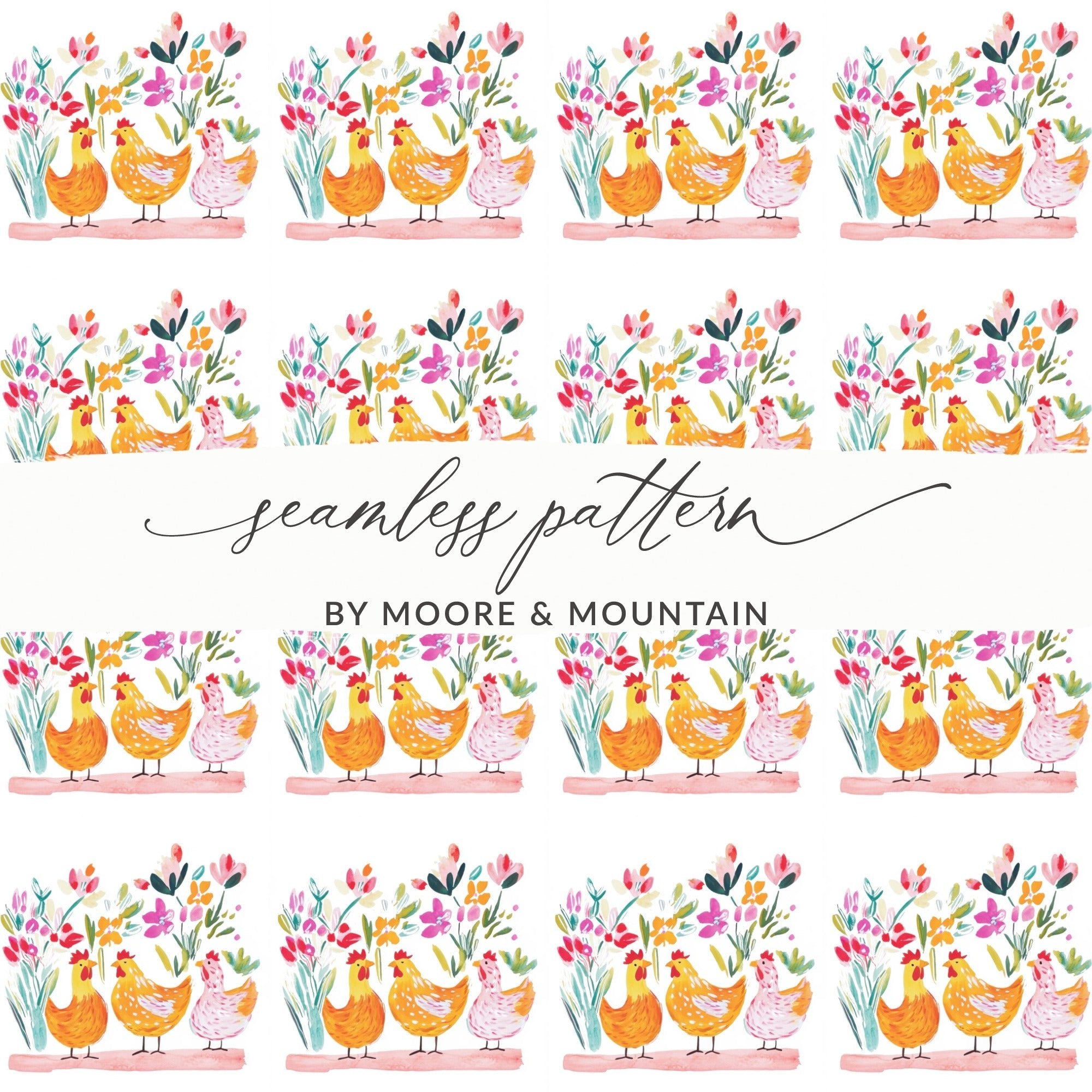 Watercolor Chicken Digital Paper, Floral Chicken Pattern, Spring Seamless File, Farmhouse Digital Print, Spring Chicken Illustration - Moore and Mountain